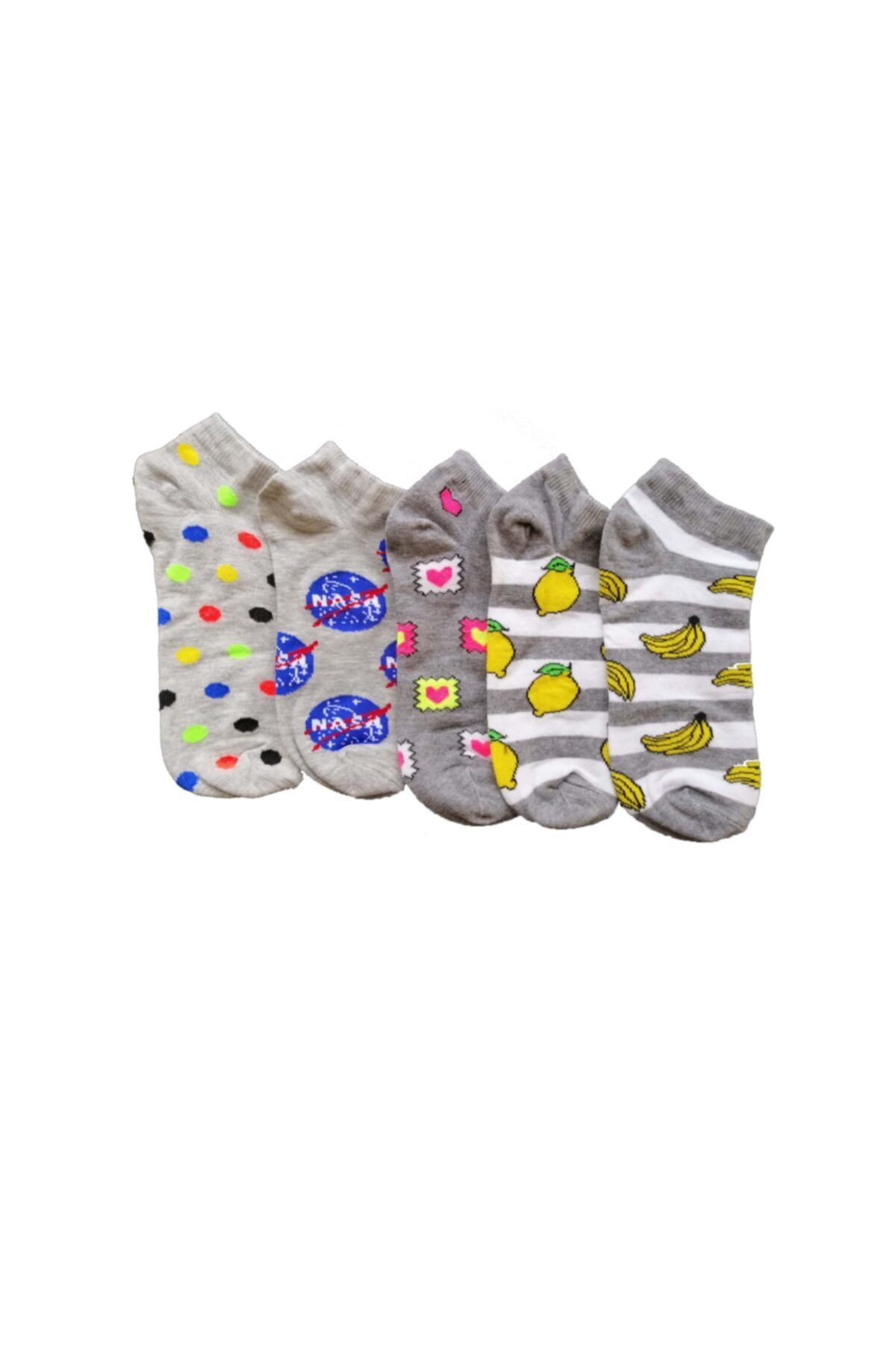Altıgen socks 5 Çift Kadın Renkli Kalp-limon-muz-nasa-renkli Top Patik Çorap Set