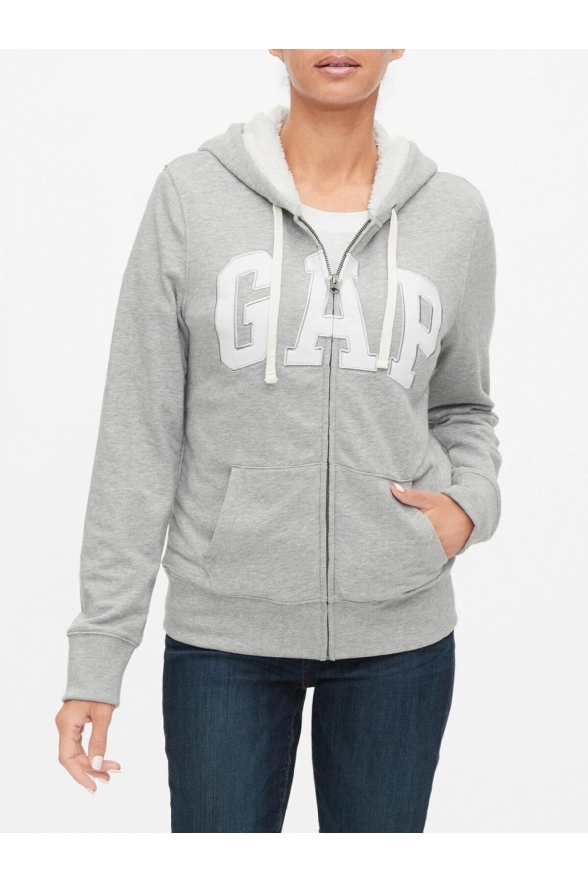 GAP Kadın Lıght Heather Grey Logo Kapüşonlu Sweatshirt