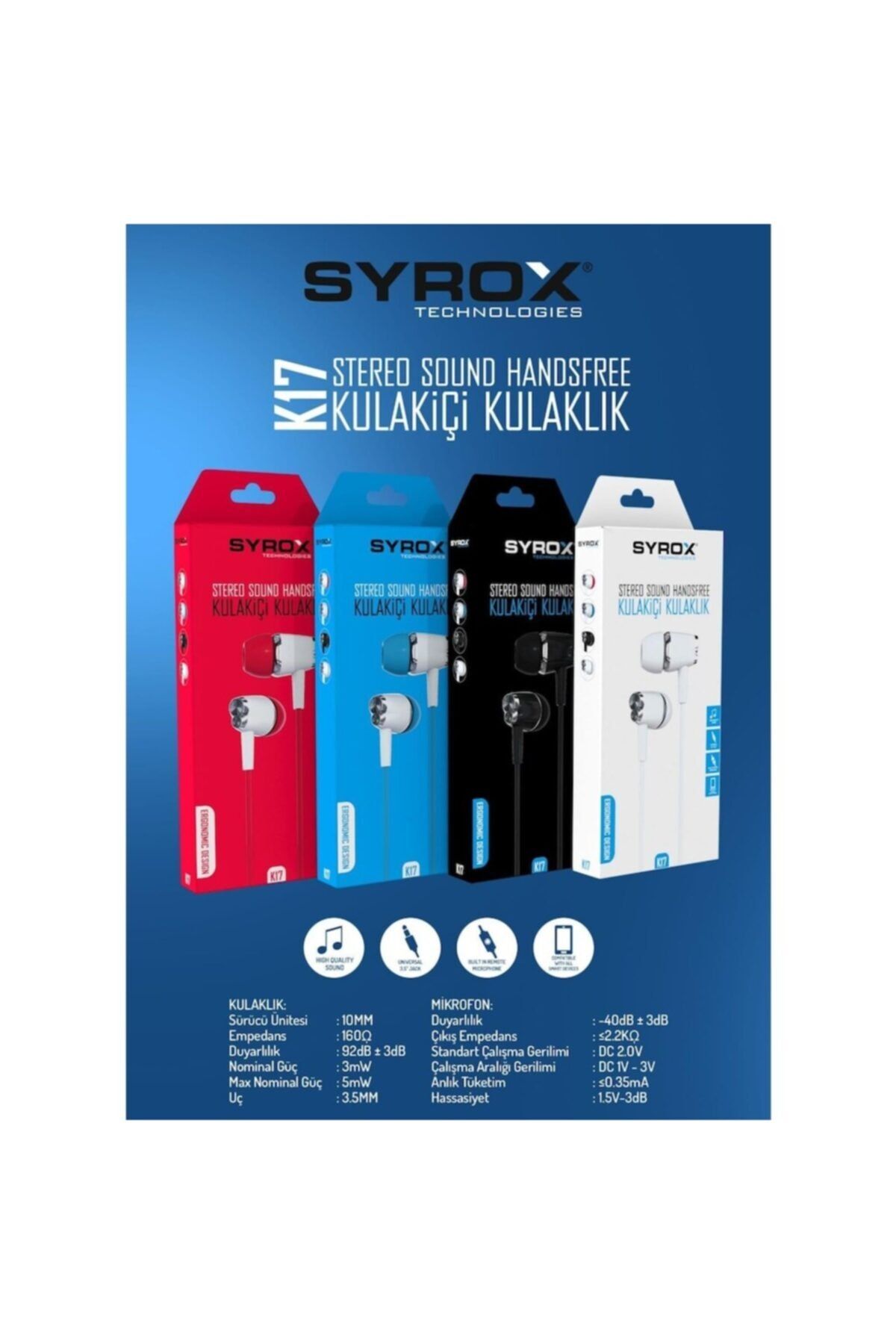 Syrox Mikrafonlu Stereo Kulak Içi Kulaklık Mavi Suntechk17