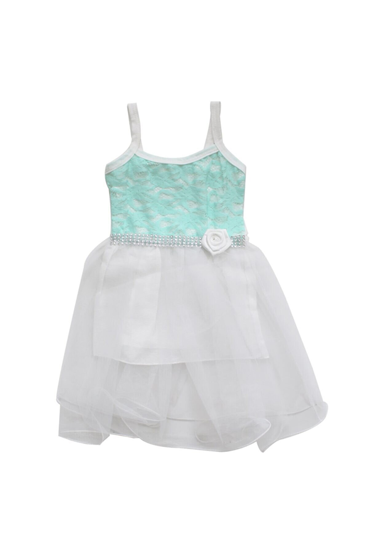bebegen Yeşil Çiçekli Beyaz Tüllü Kız Bebek Elbise