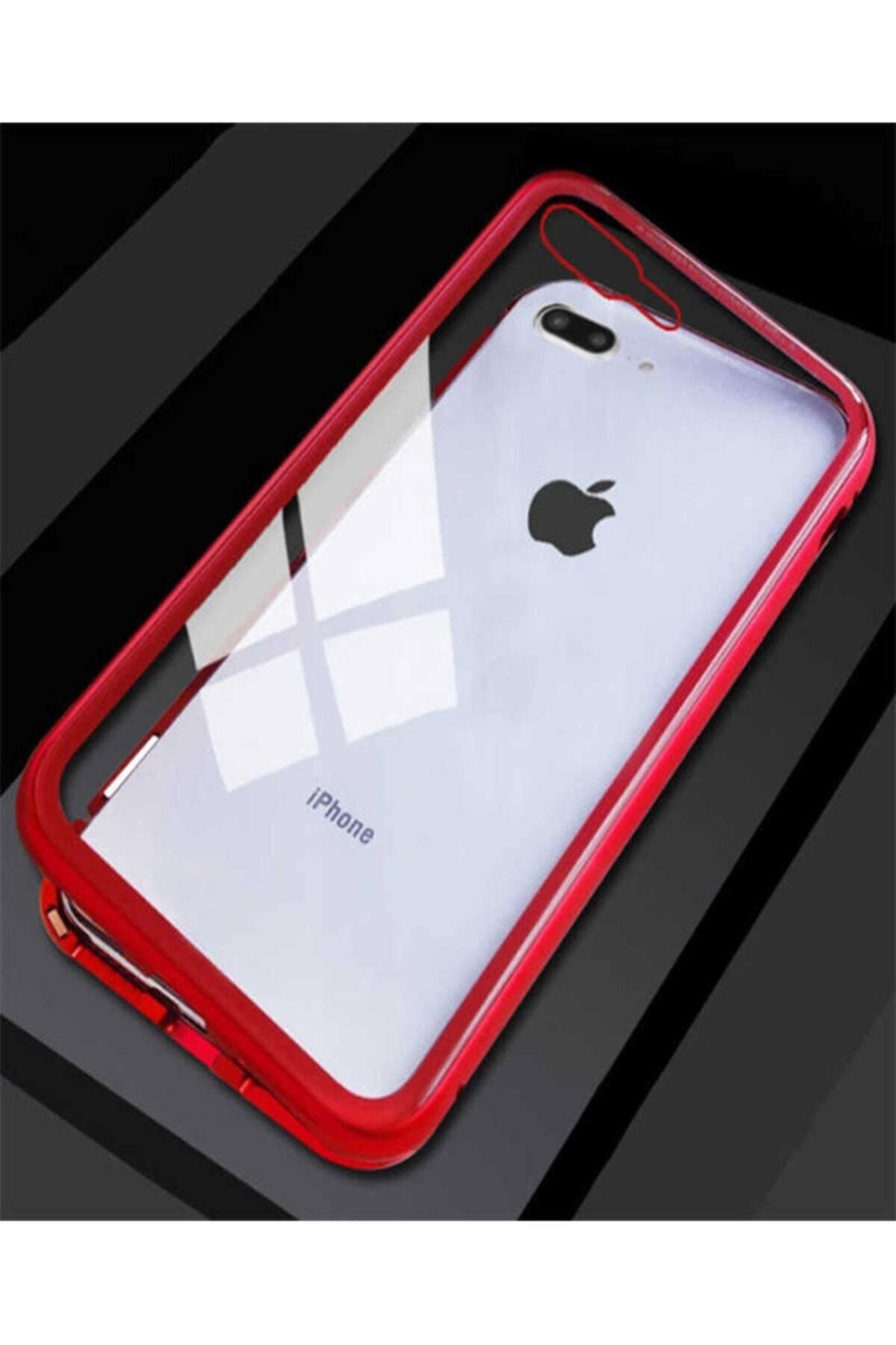 TahTicMer Apple Iphone 7 Plus Kılıf Manyetik Bumper Mıknatıslı Arka Camlı Kırmızı