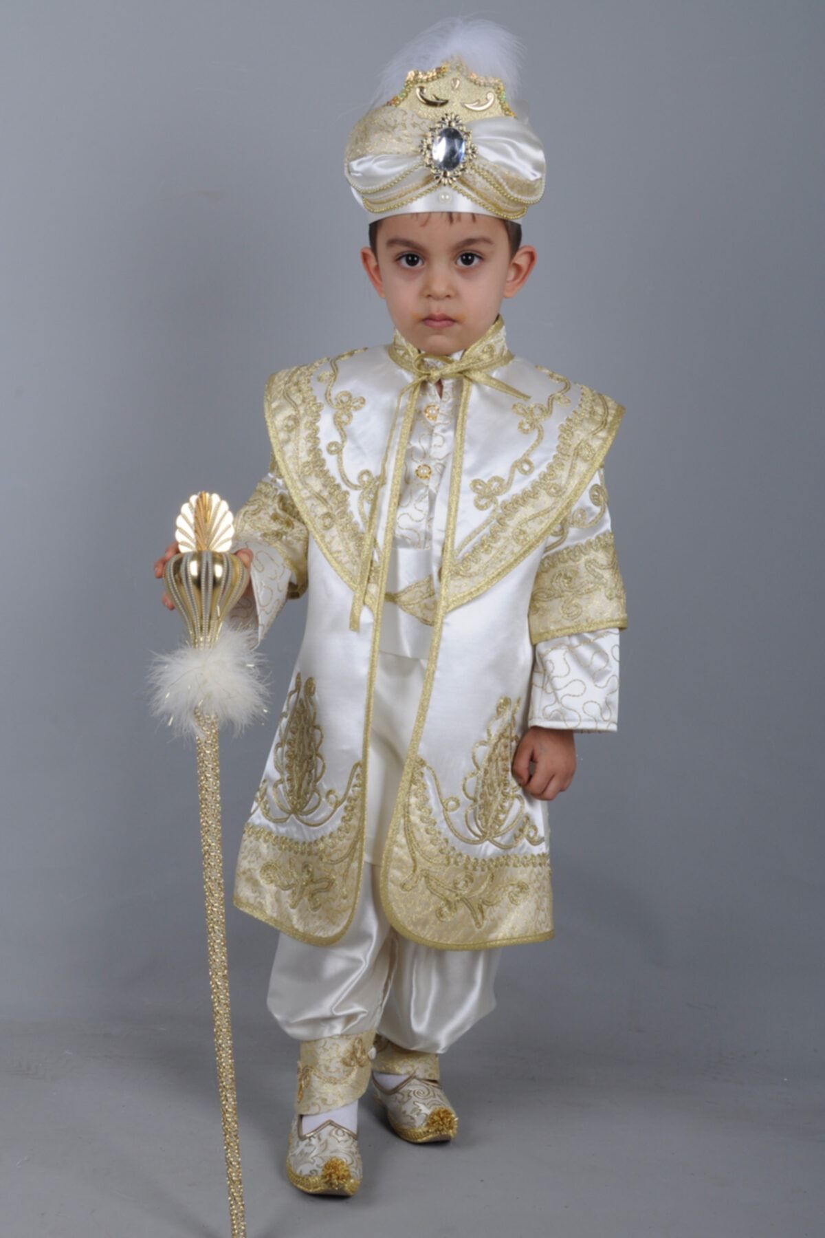 Osmanlı Sünnet Kıyafetleri Erkek Çocuk Beyaz Sadrazam Kaftan Krem Sünnet Takımı