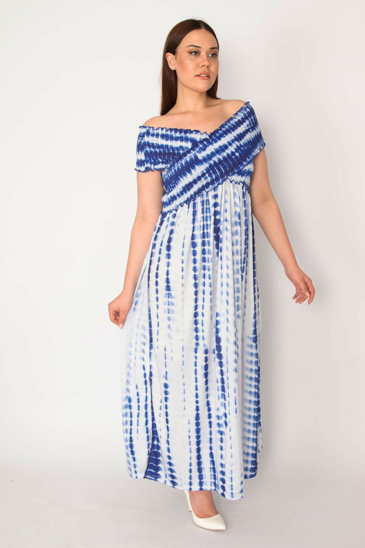 Şans Tekstil Kadın Saks Batik Desen Göğüs Kısmı Gipe Lastikli Yan Yırtmaçlı Elbise 26a32911