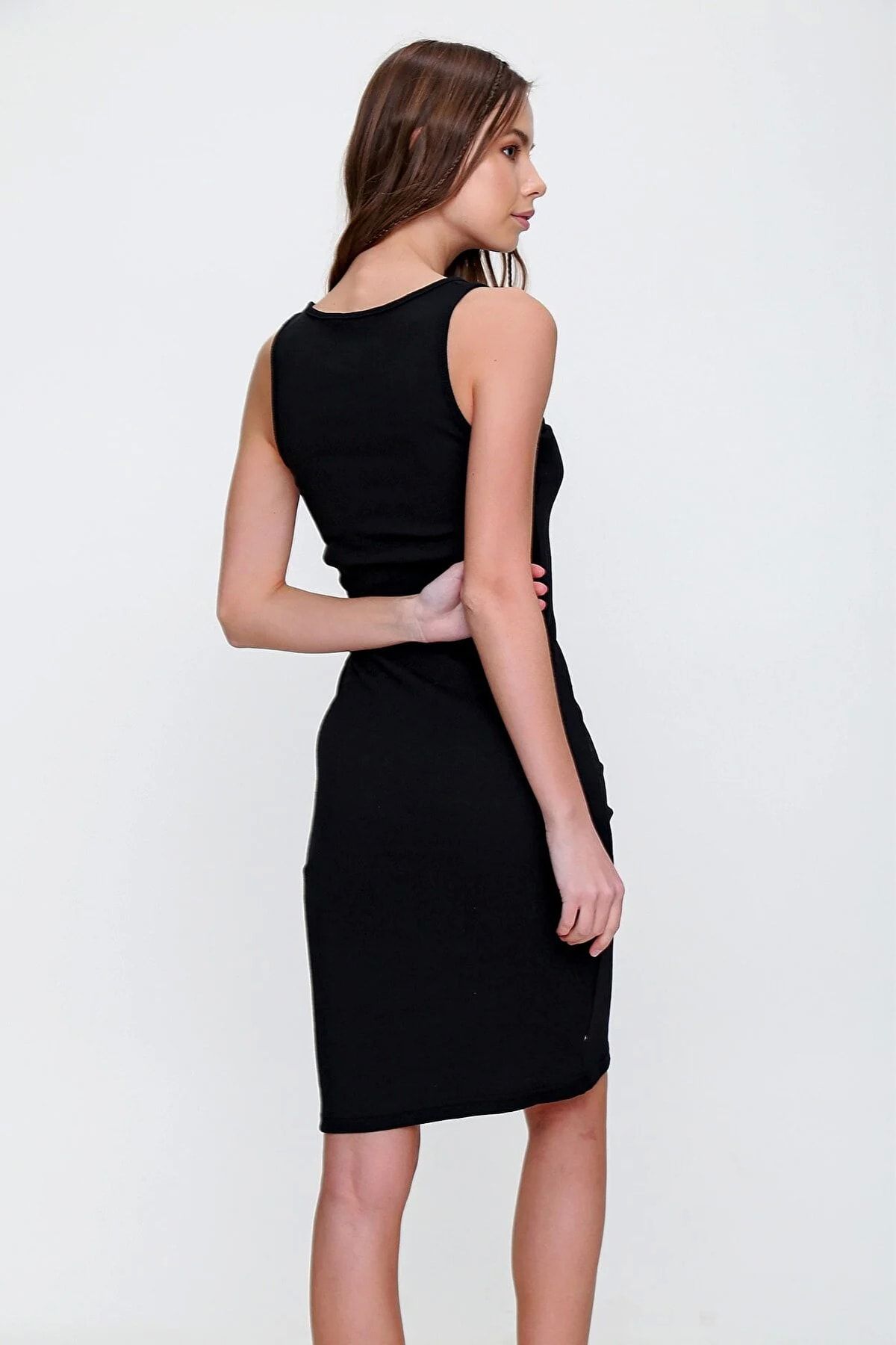 Trend Alaçatı Stili Kadın Siyah Önü Düğmeli Askılı Fitilli Elbise ALC-X6143