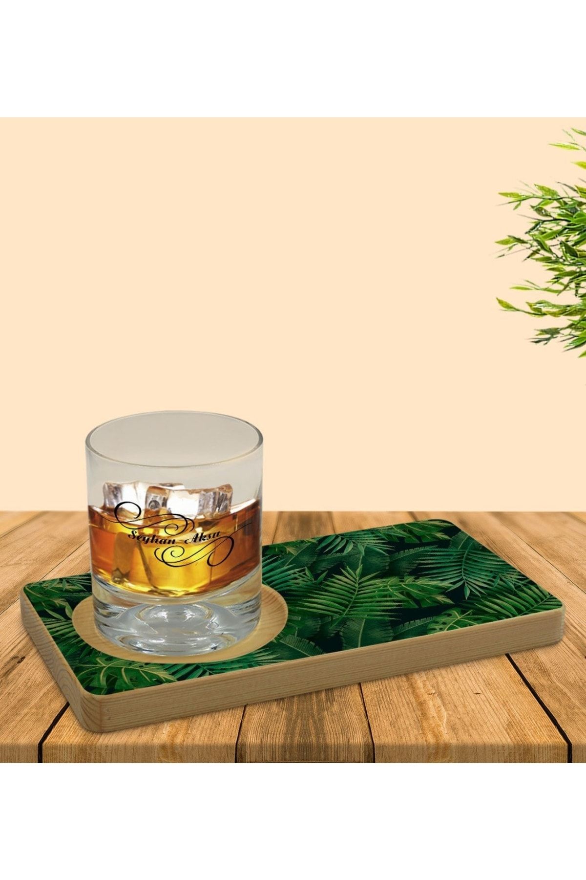 Bk Gift Kişiye Özel Yapraklar Tasarımlı Doğal Ahşap Tabaklı Viski Bardağı Sunum Seti Model 9