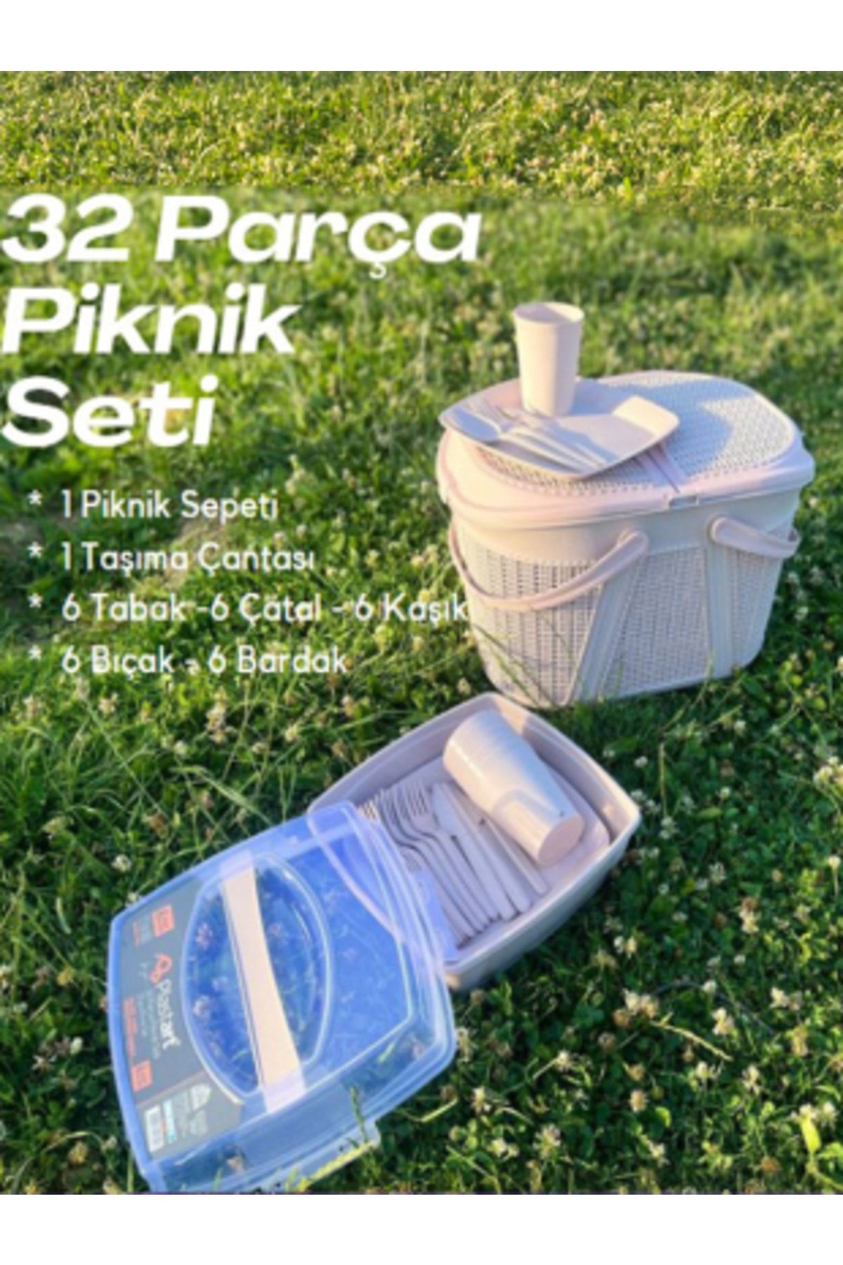 King Mop 32 Parça Piknik Seti ( Sepet + Çantalı Bardak,çatal,kaşık,bıçak,tabak Seti ) | 32 Piece Picnic Set