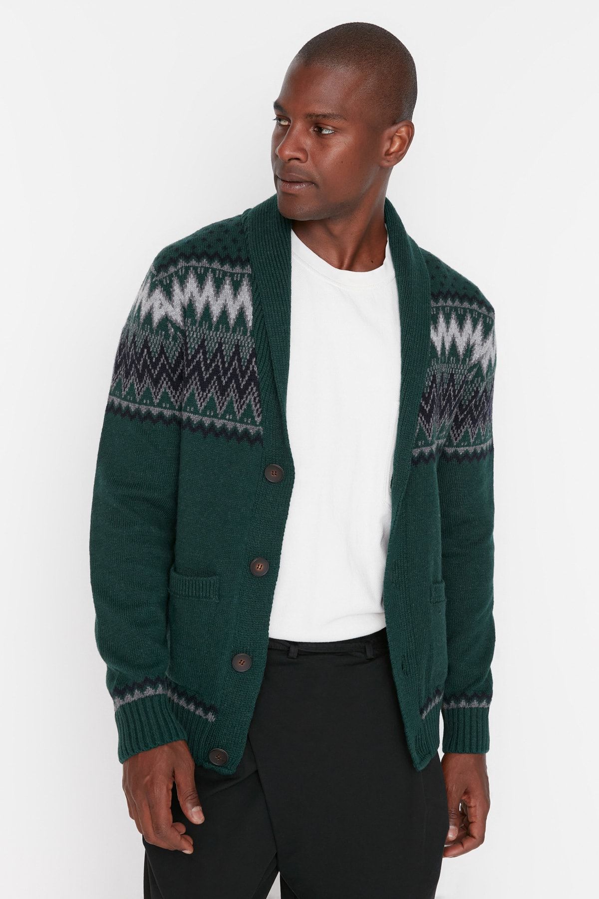 TRENDYOL MAN Zümrüt Yeşili Erkek Slim Fit Şal Yaka Jakarlı Triko Hırka