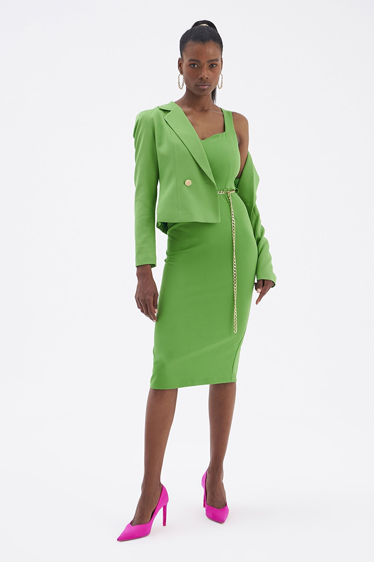 Sateen Zincir Kemerli Kalem Elbise - Yeşil