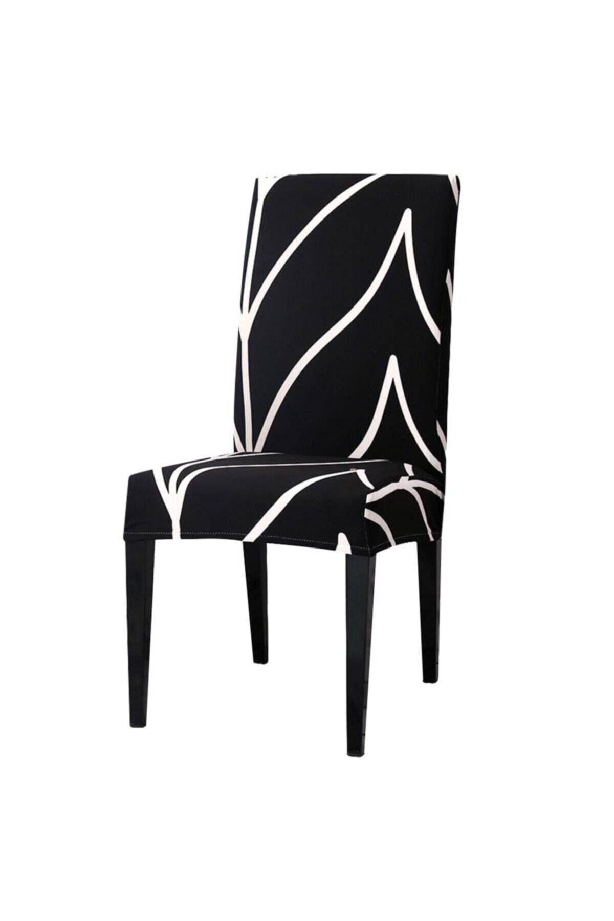 sabirehome Siyah Taban Beyaz Çizgi Desenli Salon Mutfak Sandalye Kılıfı 1 Adet Likralı Kumaş Tekli Örtü