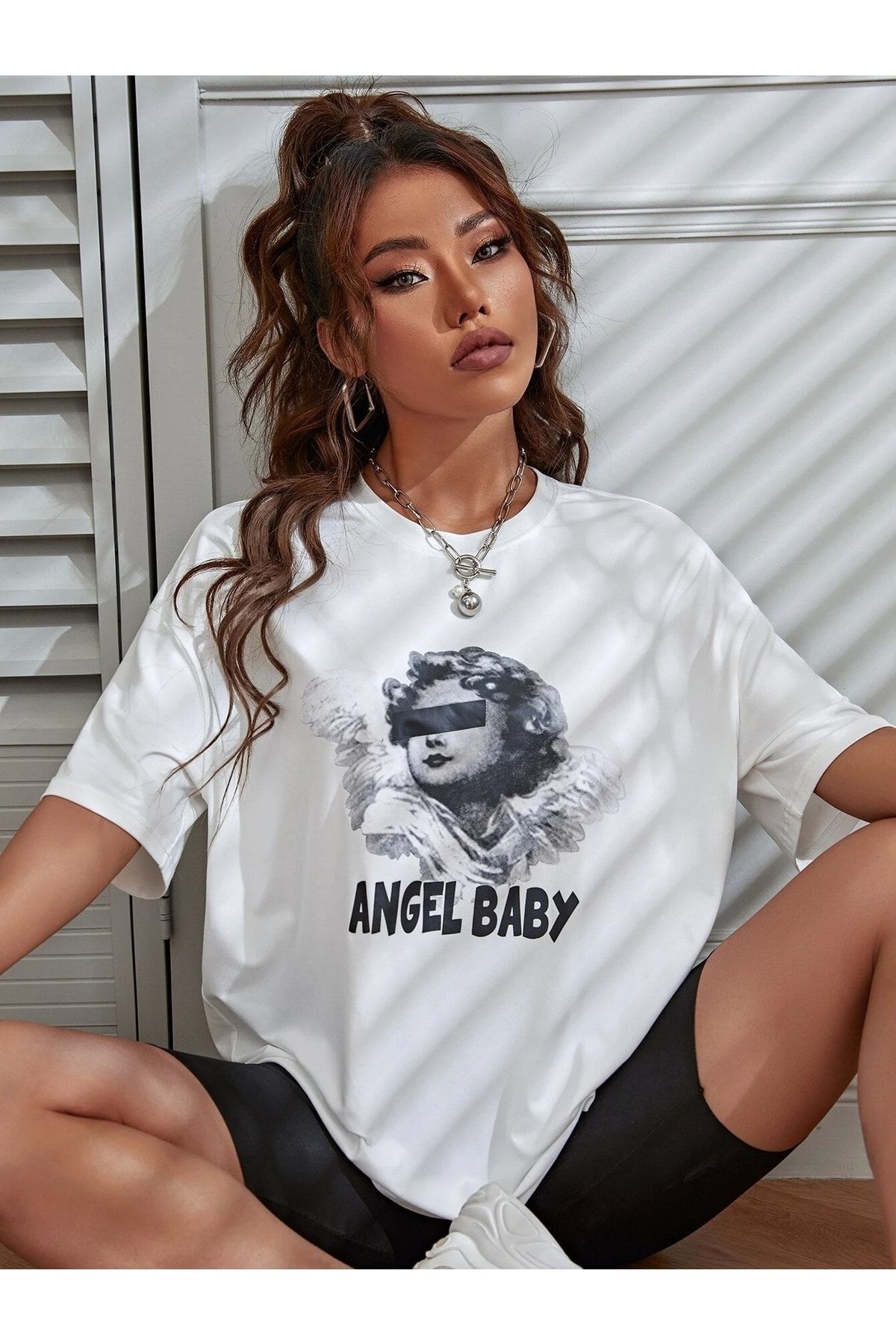 SARNİA Kadın Beyaz Angel Baby Baskılı Oversize T-shirt
