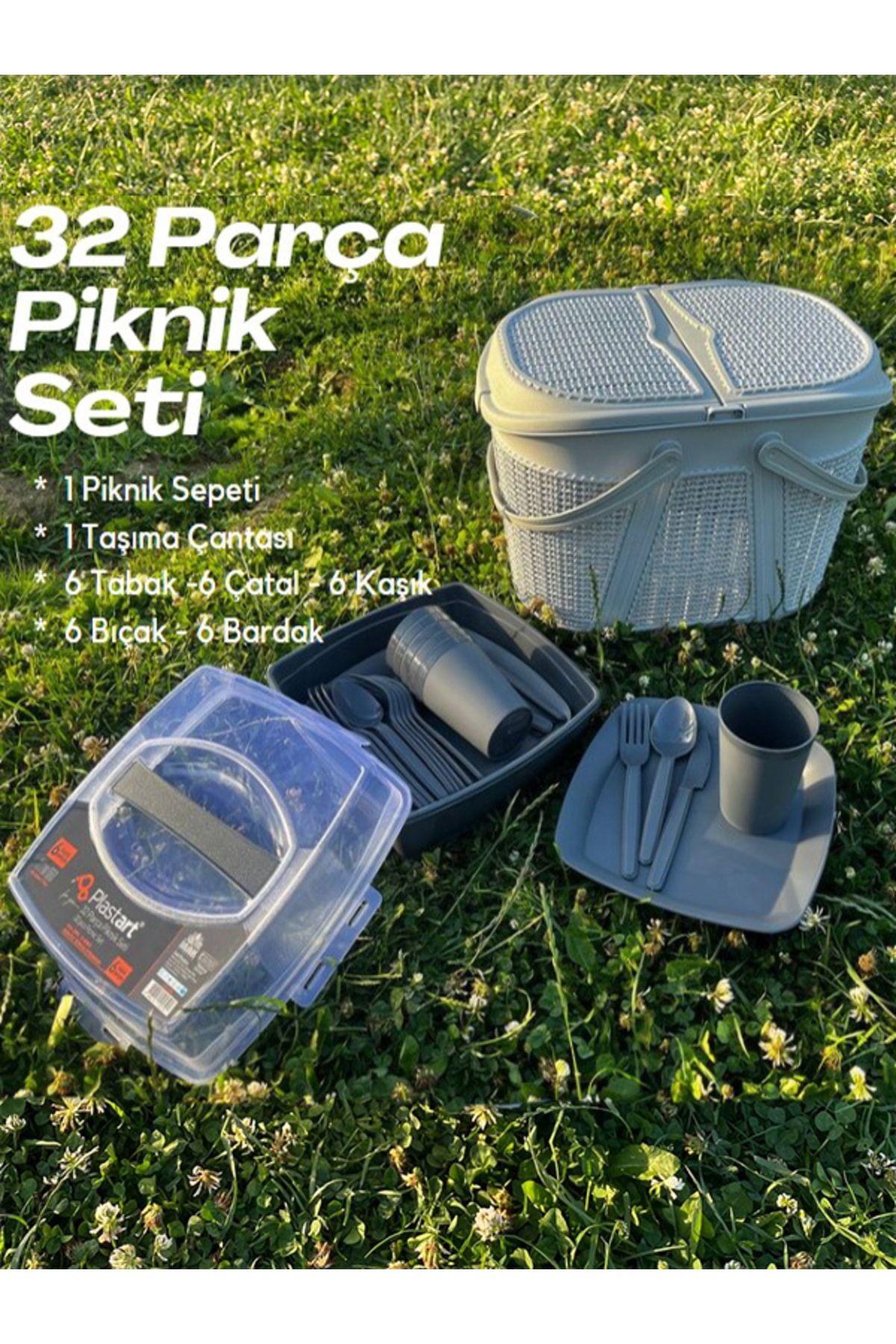 King Mop 32 Parça Piknik Seti Sepet + Çantalı Bardak,çatal,kaşık,bıçak,tabak Seti  32 Piece Picnic Set