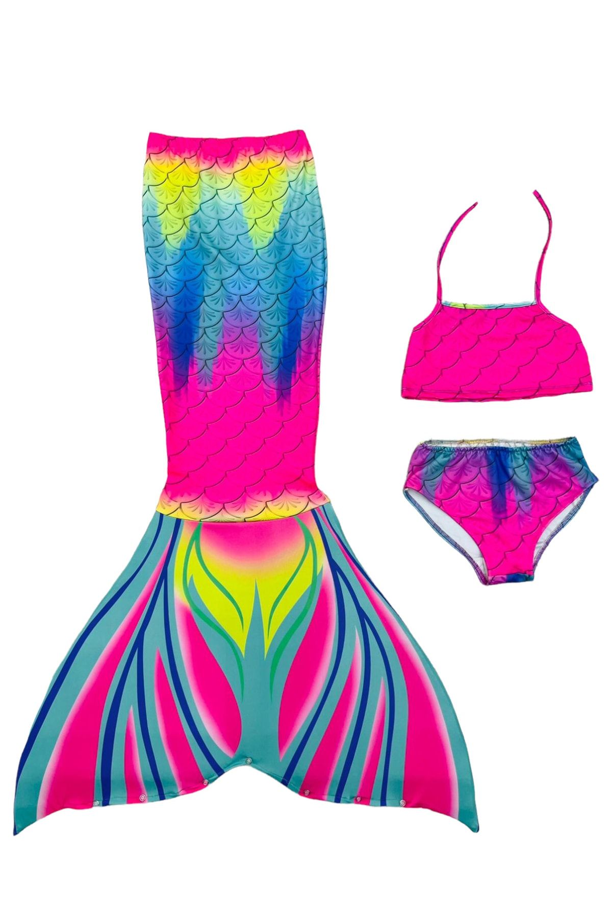 Lolliboomkids Kız Çocuk Deniz Kızı Kuyruklu Kostüm Mayo Bikini Takımı 3 Parça Son Moda Gökkuşağı