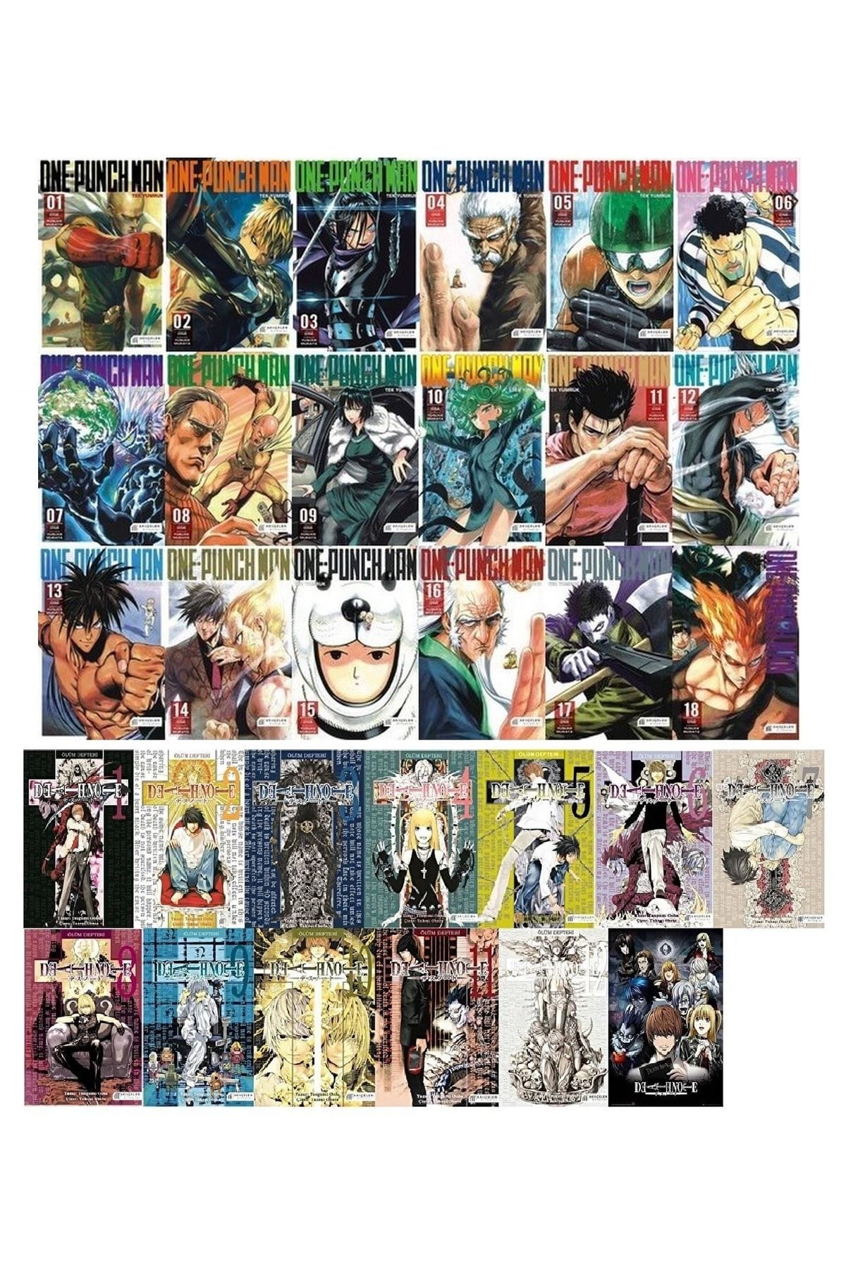 AKILÇELEN YAYINEVİ Poster Hediyeli 2 Manga Serisi Set 30 Kitap / One Punch Man (18 Kitap) & Death Note (12 Kitap)