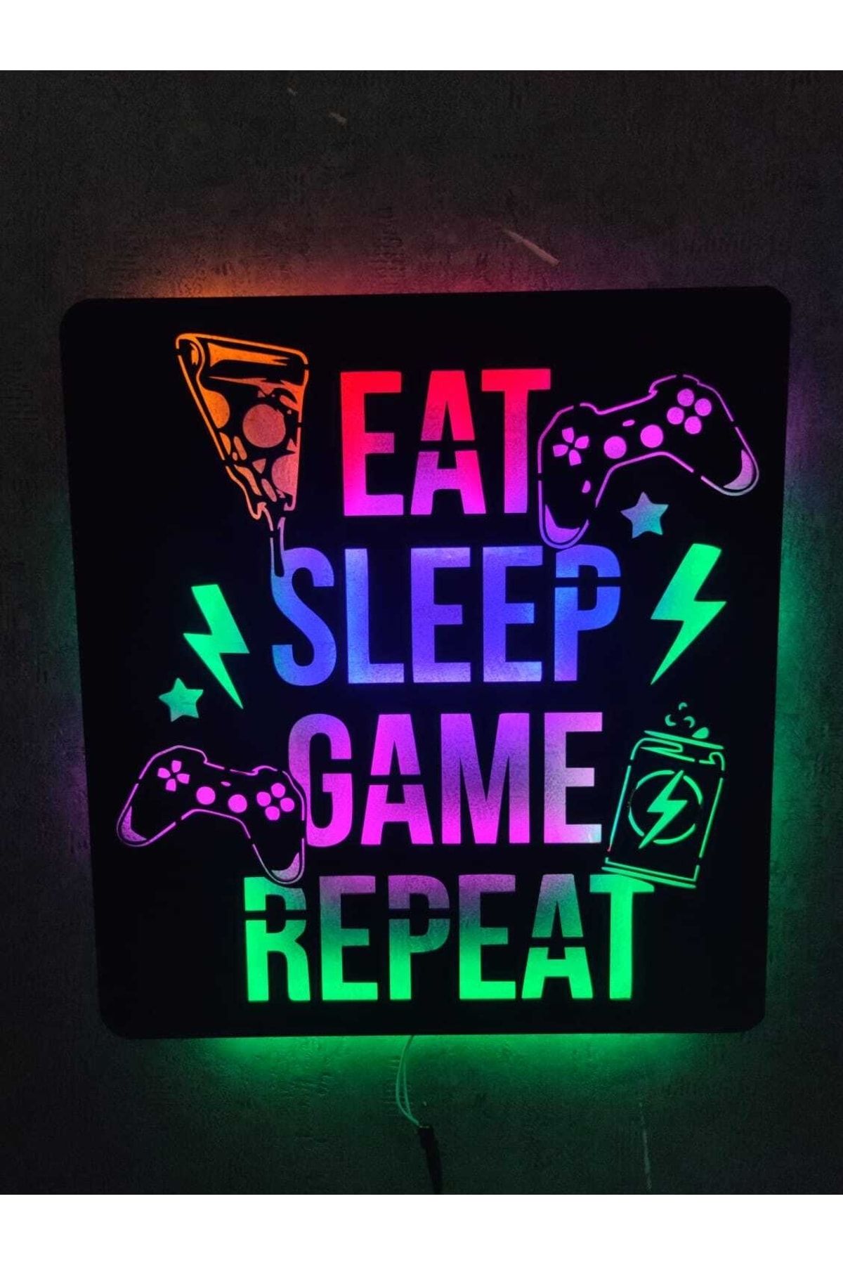 dekoraven Gamer Led Işıklı Ahşap Tablo - Eat Sleep Game Repeat