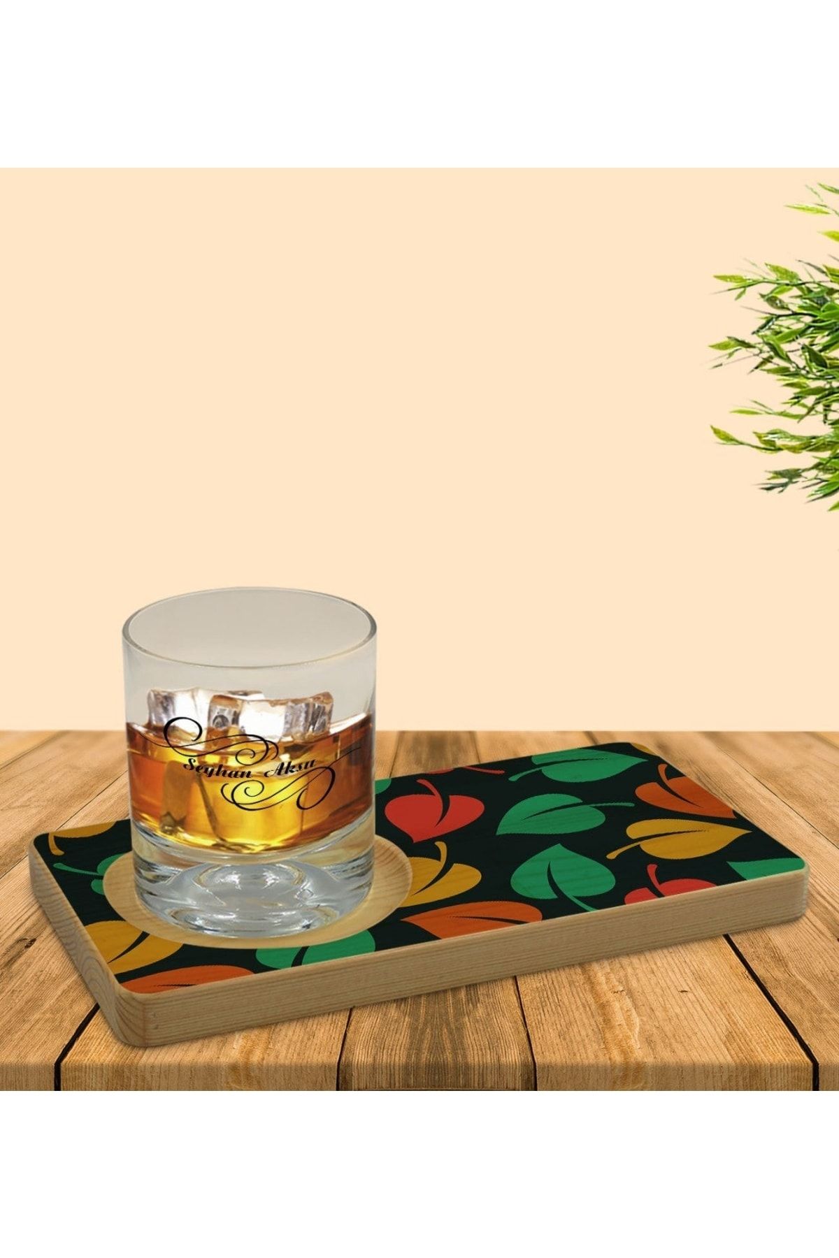 Bk Gift Kişiye Özel Yapraklar Tasarımlı Doğal Ahşap Tabaklı Viski Bardağı Sunum Seti Model 7