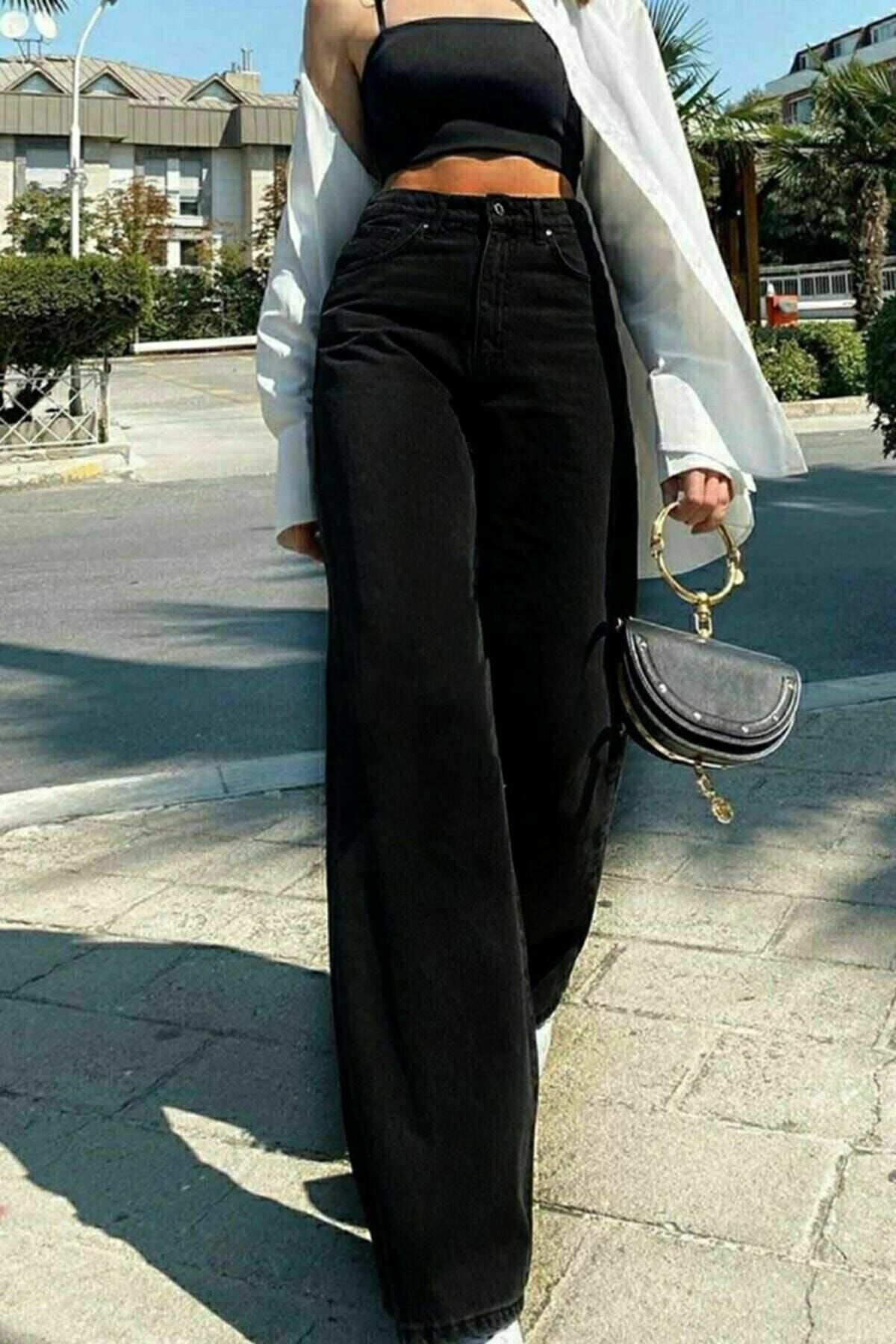 Livik Solmayan Siyah Likralı Süper Yüksek Bel Wide Leg Jean Salaş Geniş Paça Kot Pantolon