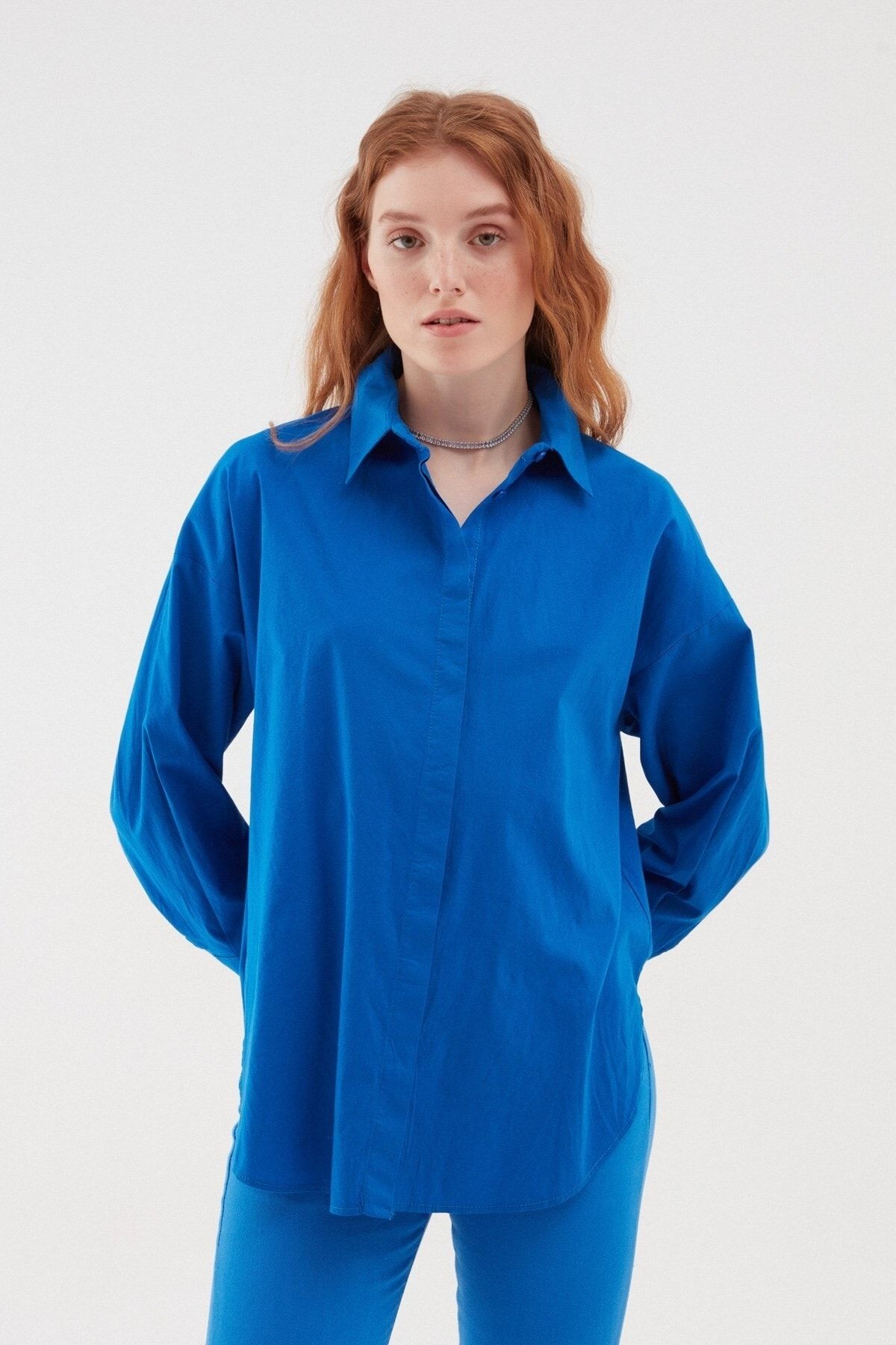 Quzu Kadın Sax Mavi Oversize Gömlek (21y11288-05)