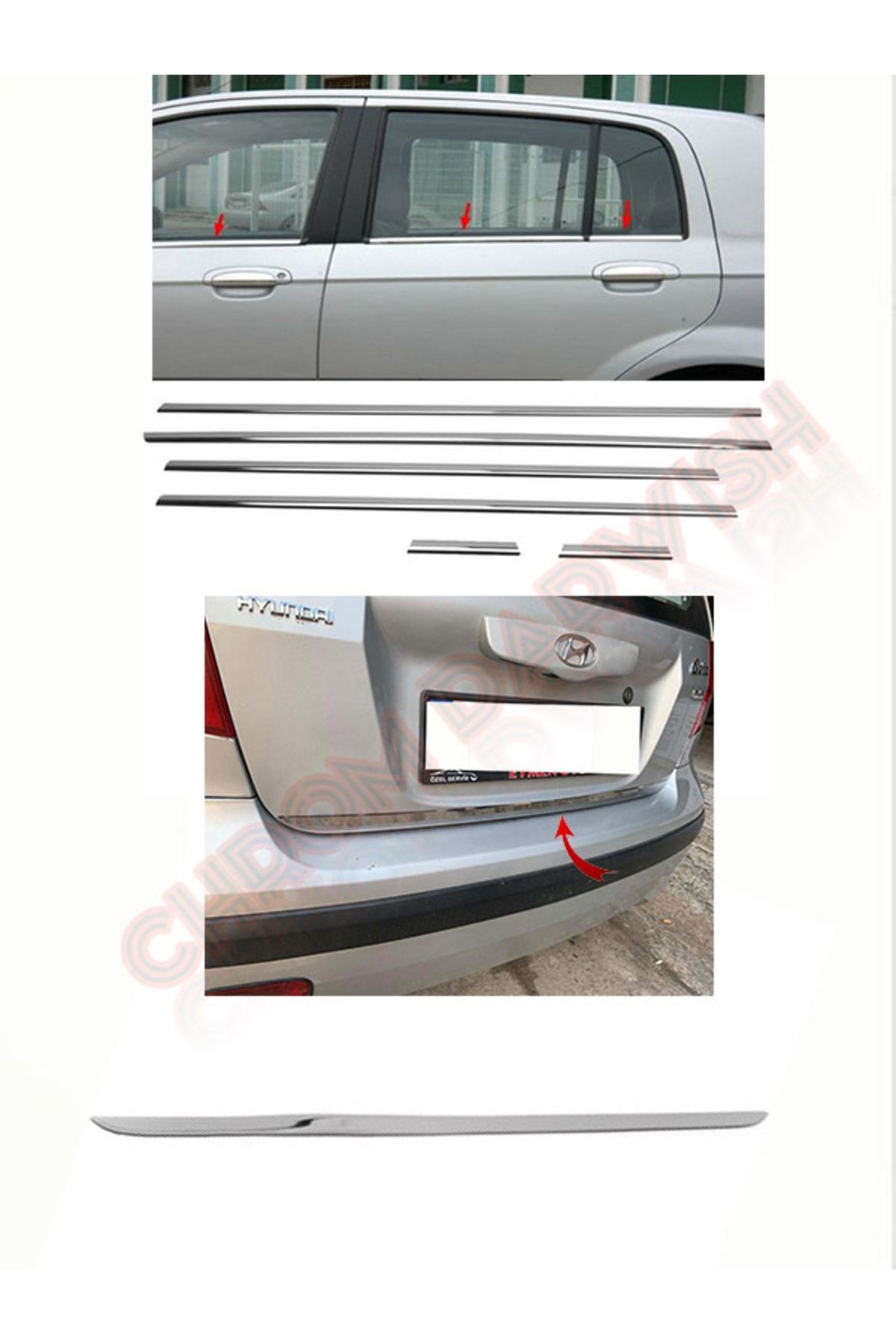 darwish Hyundai Getz Krom Cam Çıtası 6 Parça 2002-2011 Arası Uyumlu Ve Bagaj Alt Çıtası