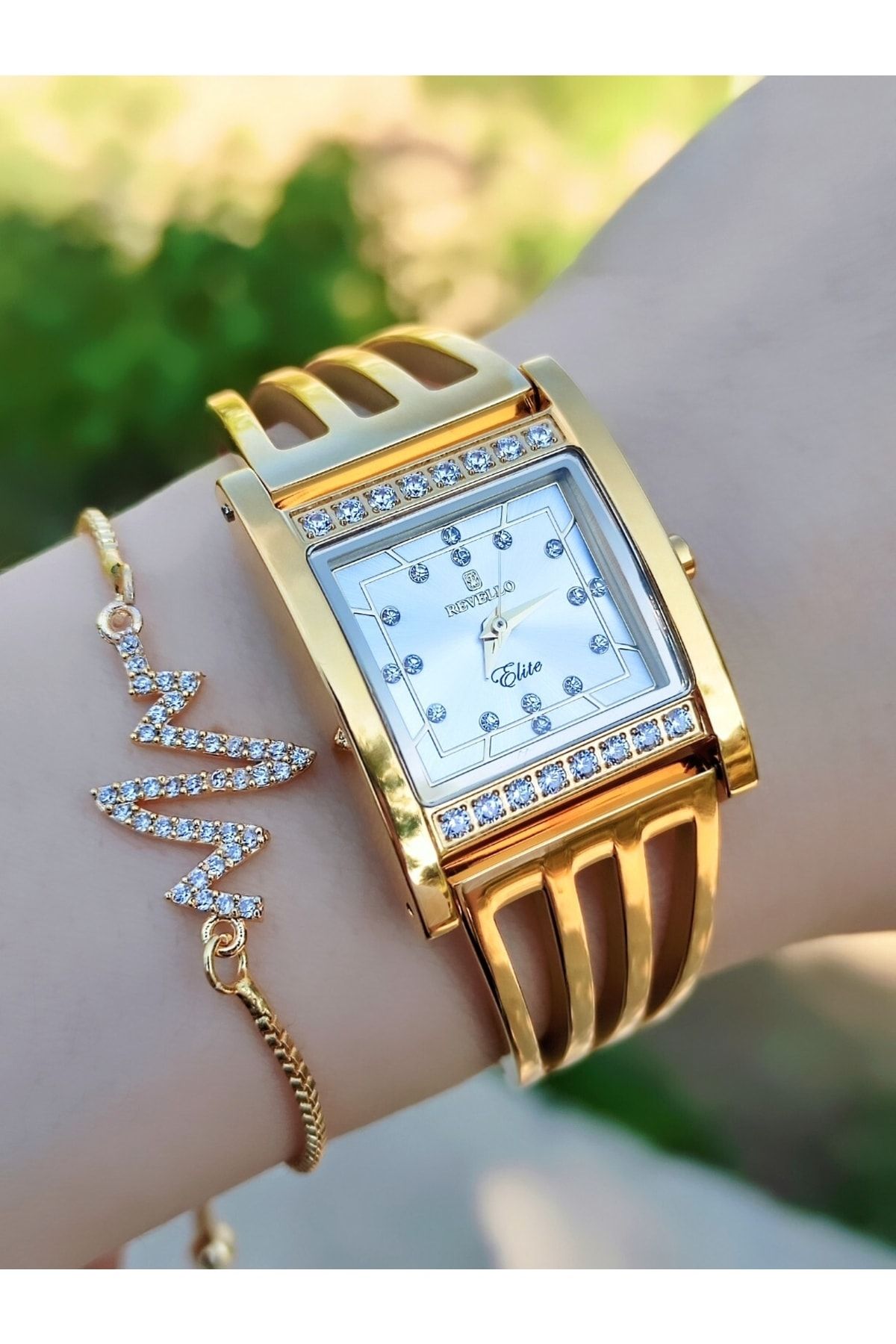 Revello Özel Tasarım Altin Kaplama Bayan Kol Saati+ Bileklik Lady Wristwatch