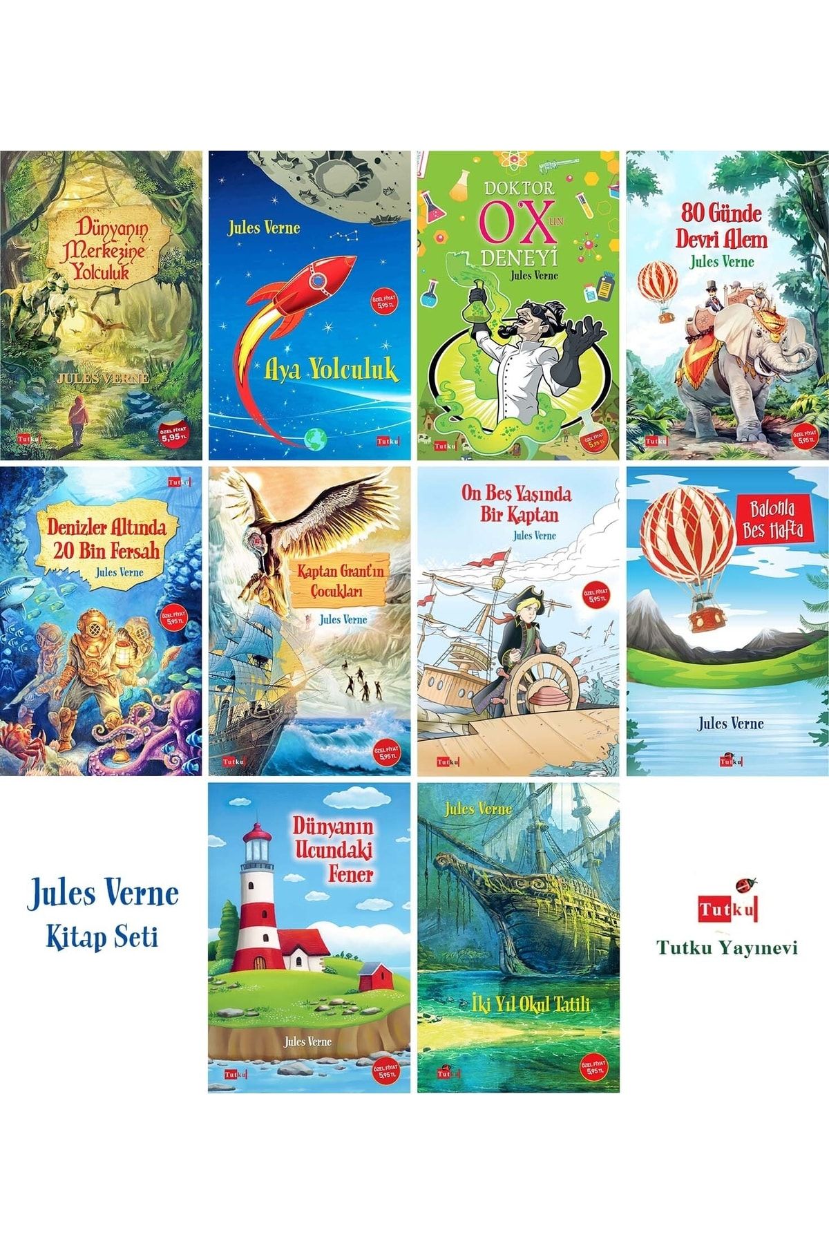 Tutku Yayınevi Çocuk Klasikleri - 10 Kitap (resimli) 7-12 Yaş - Jules Verne, Aya Yolculuk - Çocuk - Hikaye