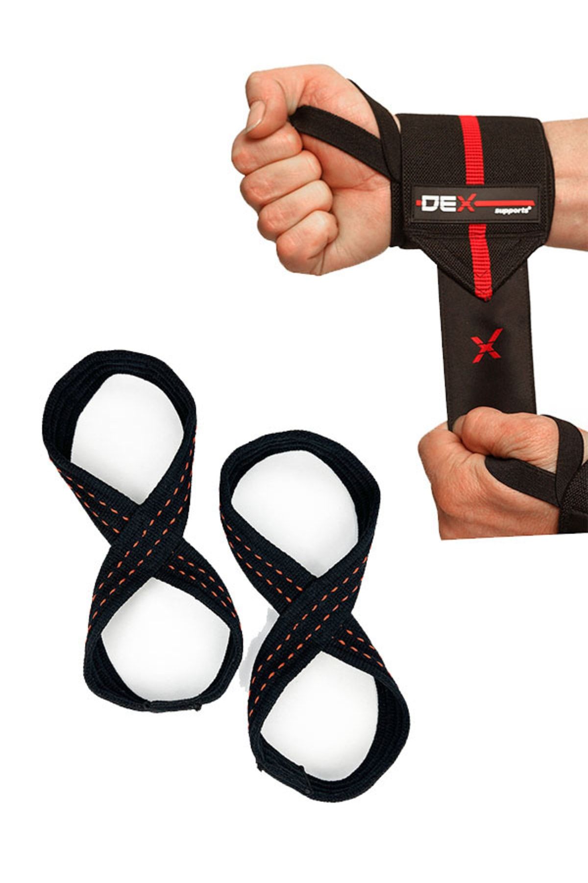 Dex Supports Lasting Energy 8 Loop Lifting Straps + Elite Wrist Wraps Fitness Aksesuar 2'li Set