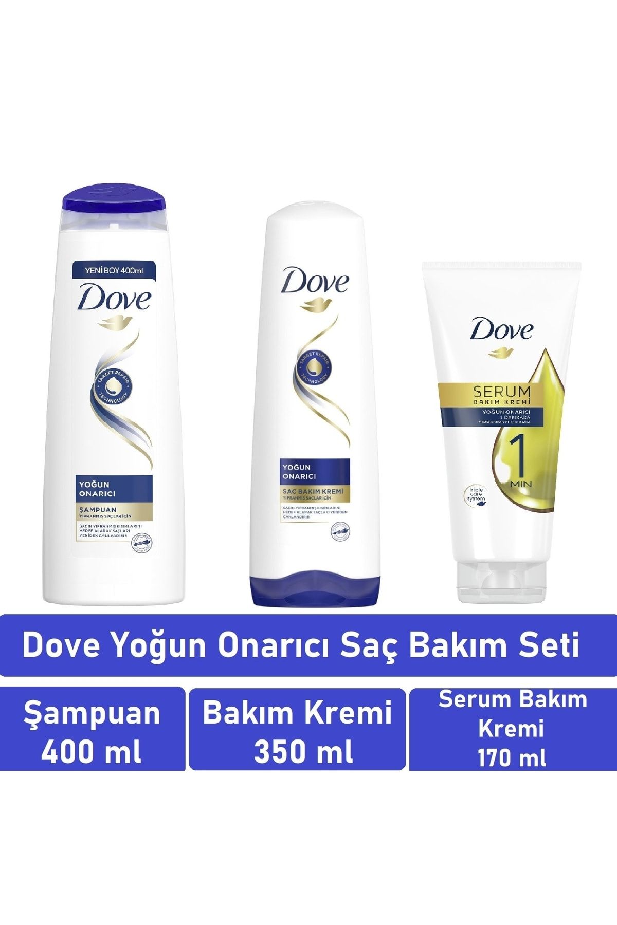 Dove Yoğun Onarıcı Saç Bakım Seti (şampuan 400ml+saç Bakım Kremi 350ml+1 Minute Serum Bakım Kremi 170ml)