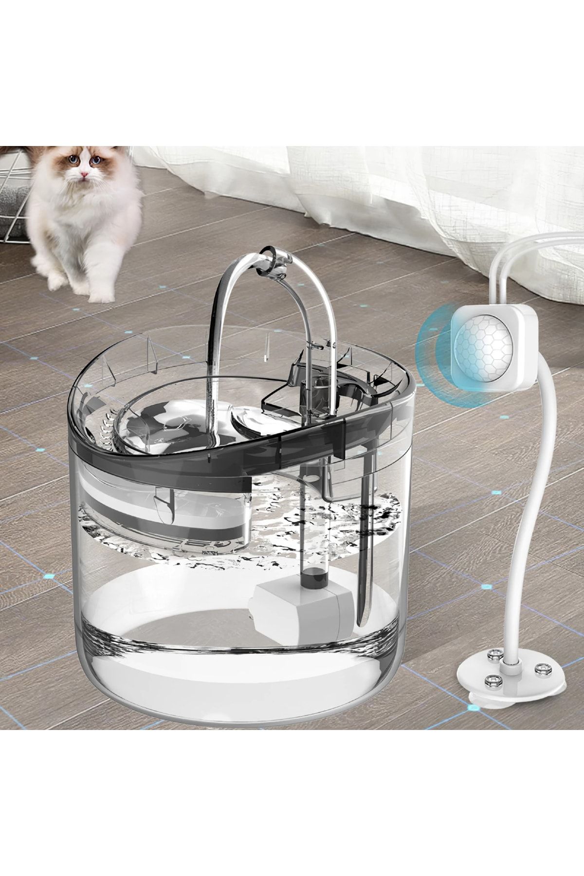 Kamardey Hareket Sensörlü Kedi Köpek Için Sessiz Şeffaf Otomatik Su Pınarı Su Çeşmesi Su Sebili Usbli