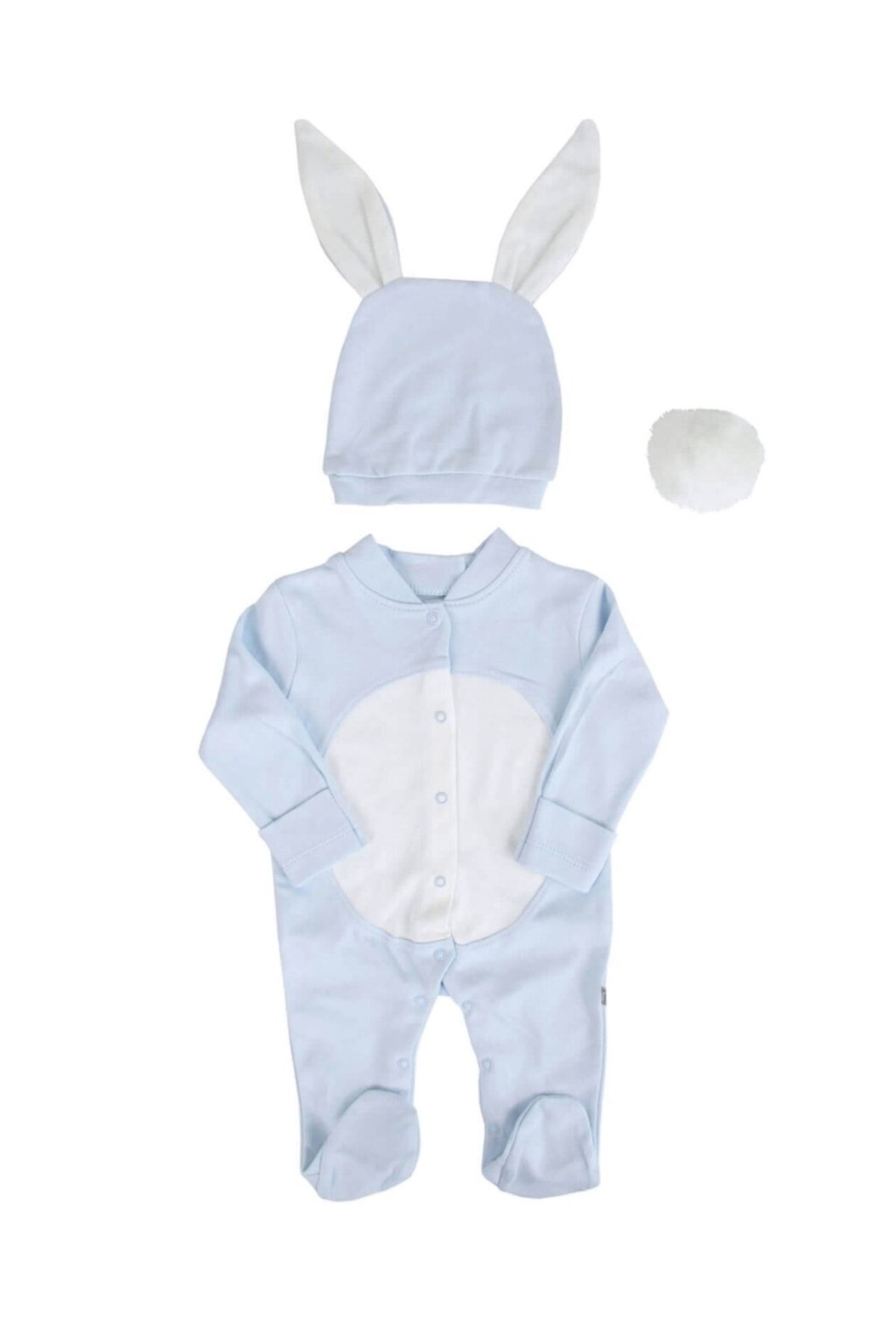 Mai Perla Erkek Bebek Ponponlu Mavi Tavşan Kostüm Tulum Seti