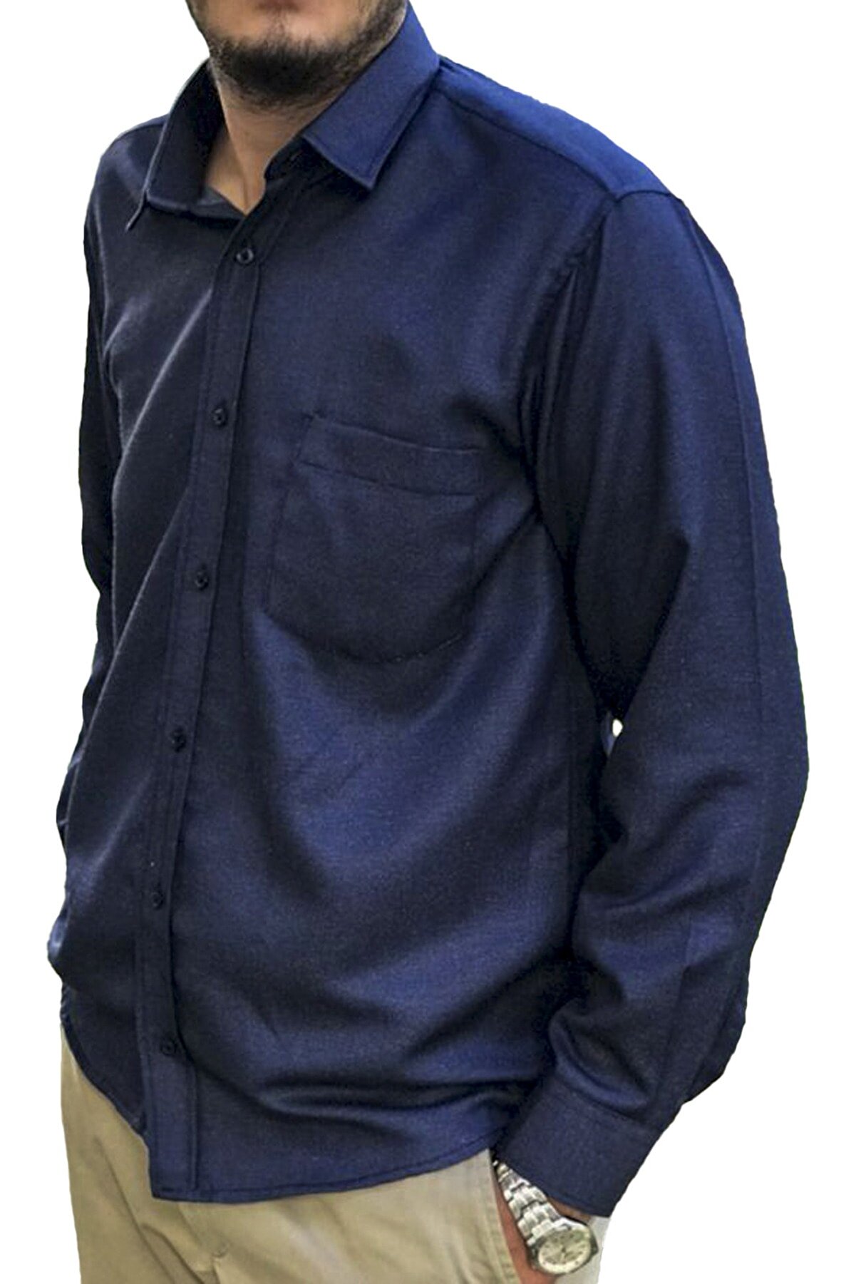 Cassano Giyim Erkek Lacivert Pamuklu Kot Keten Regular Fit Uzun Kollu Gömlek