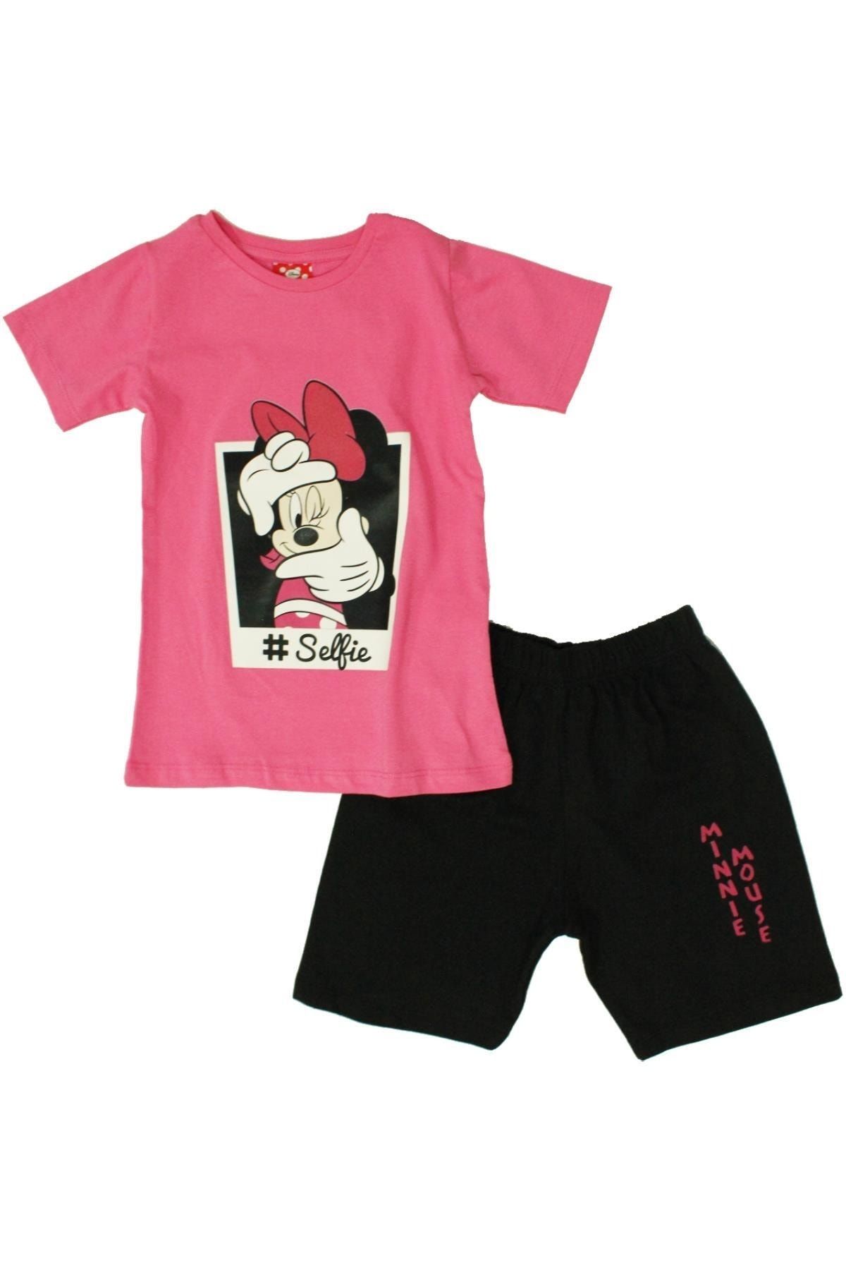 DİSNEY Kız Çocuk Pembe Siyah Minnie Mouse Lisanslı Tişört Şortlu Takım