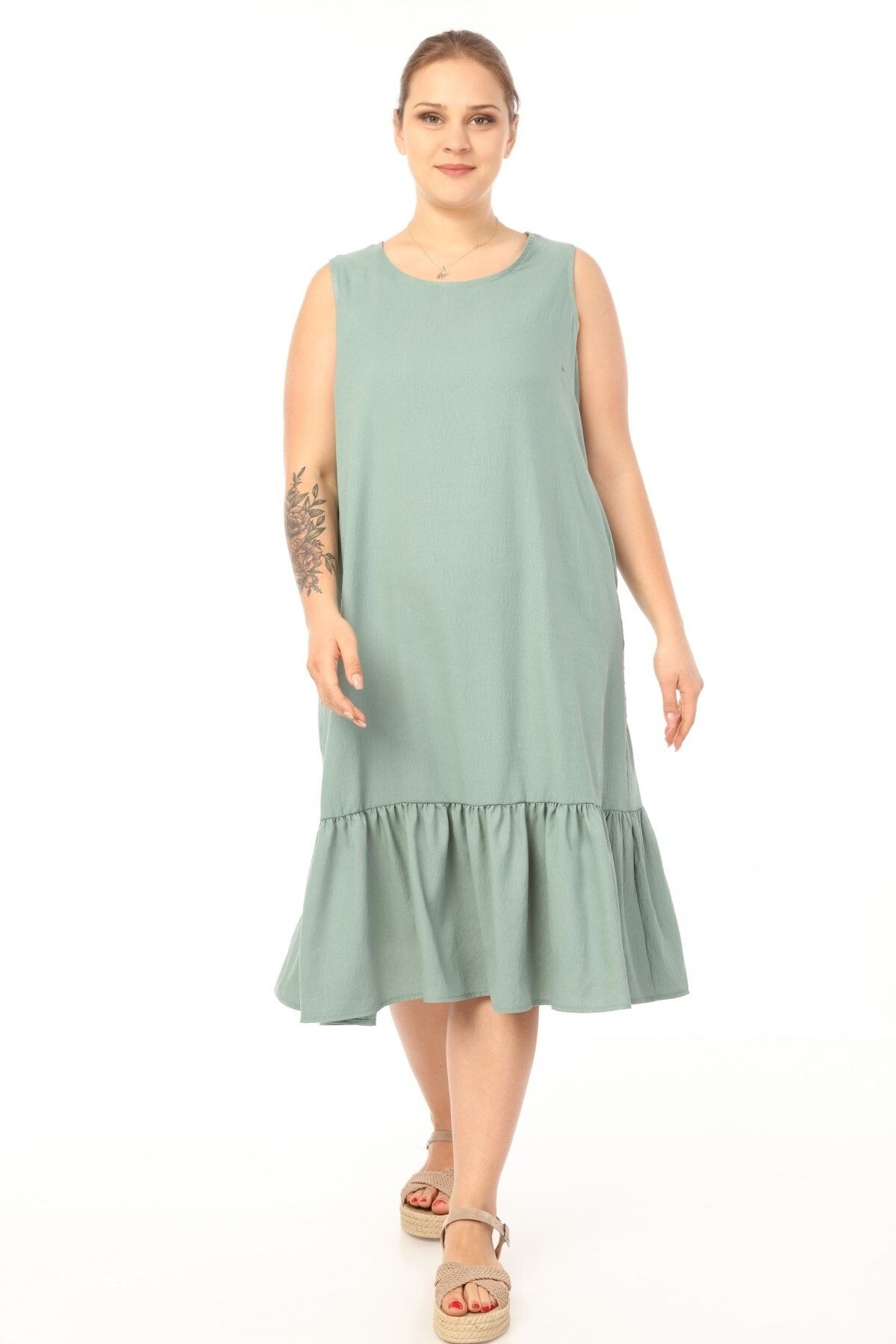 Genel Markalar Schık Kadın Büyük Beden Kolsuz Elbise Yeşil Sckwm21el01