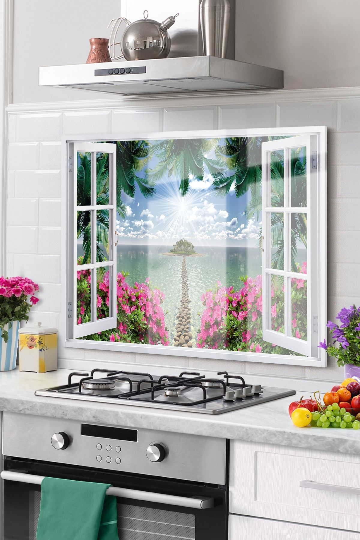 Olinpa Premium Mutfak Cam Ocak Arkası Koruyucu Tezgah Ankastre Arkası Koruyucu 50x60cm | Pencere Deniz
