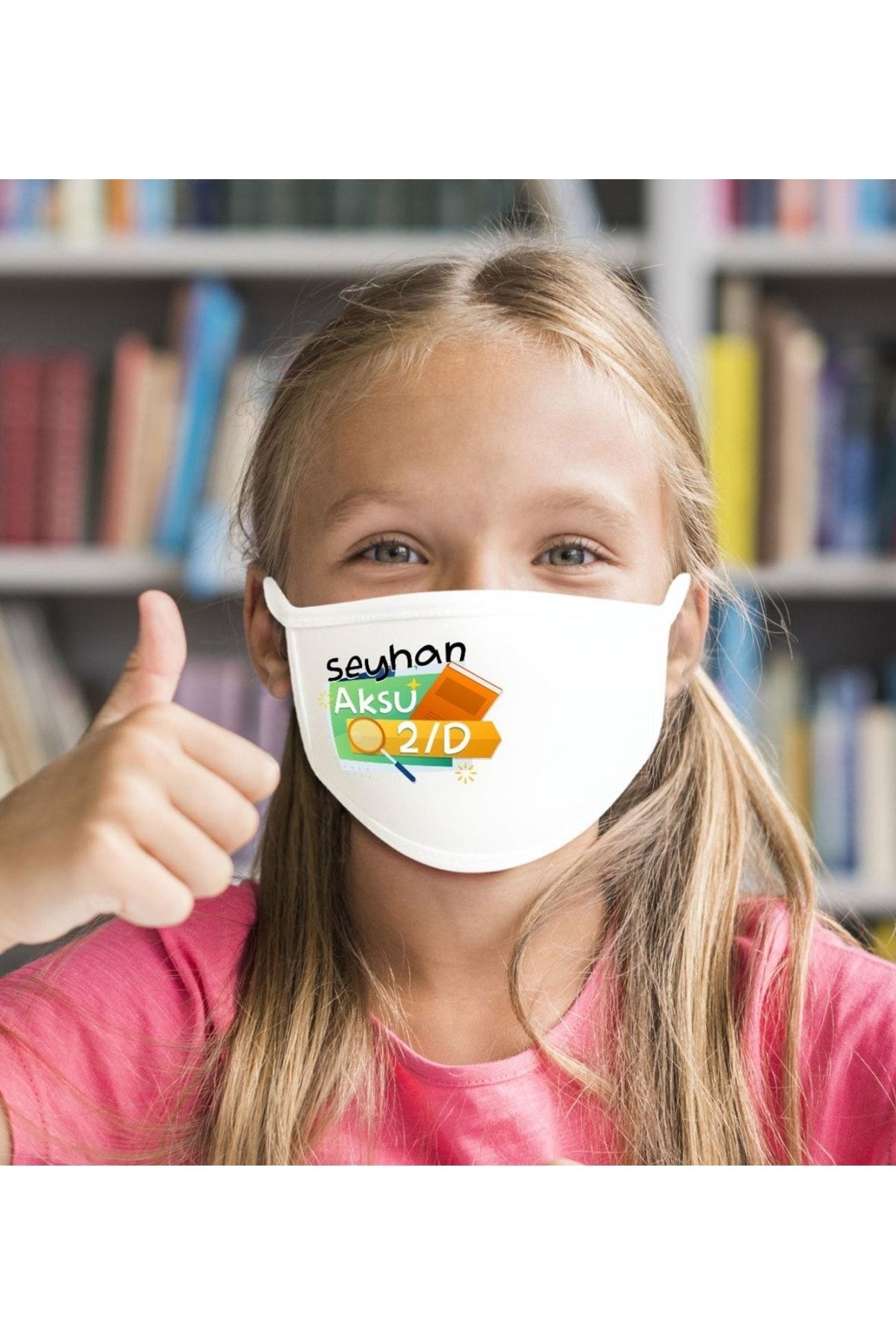 Bk Gift Çocuklara Özel Isimli Sınıflı Yıkanabilir Beyaz Okul Maskesi-6