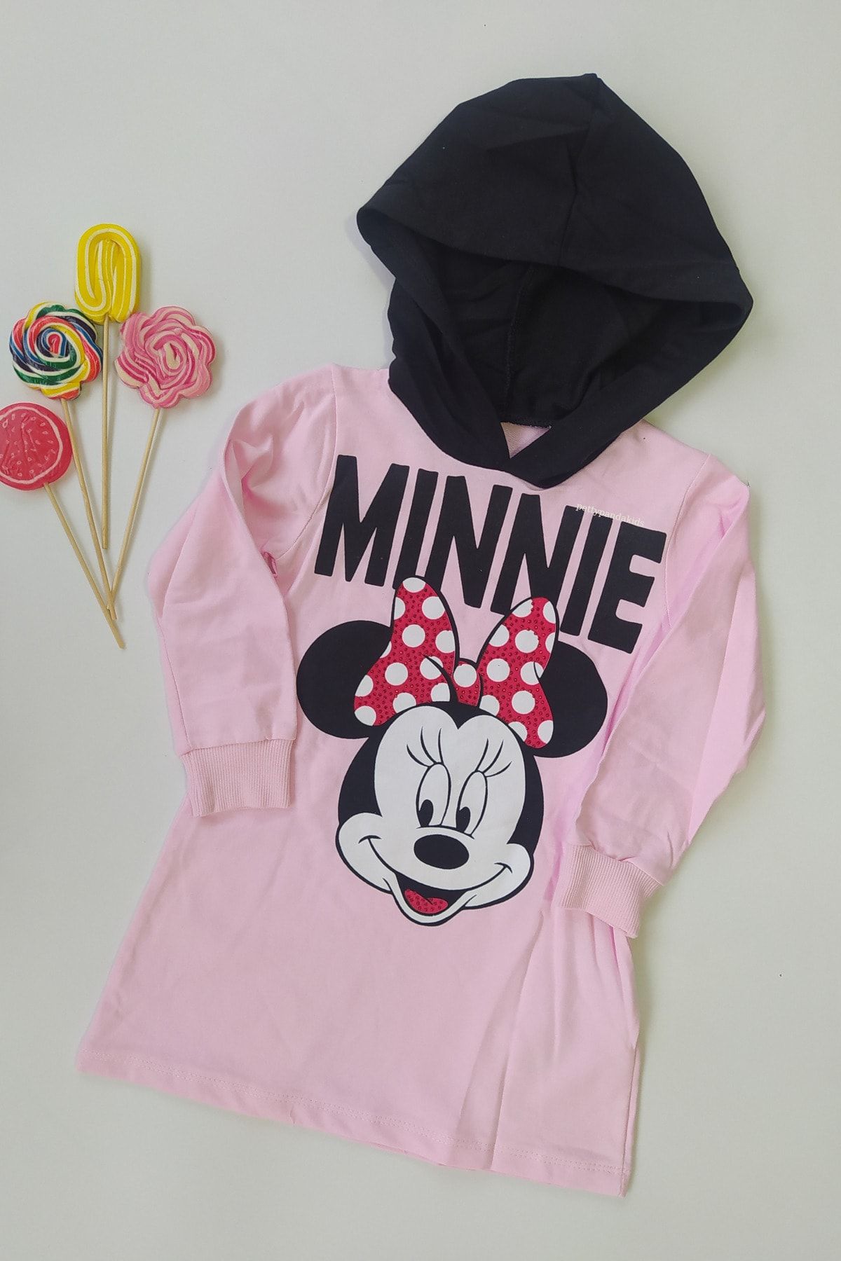 Petty Panda Minnie Mouse Baskılı Kapüşonlu Pembe Kız Çocuk Sweat Elbise