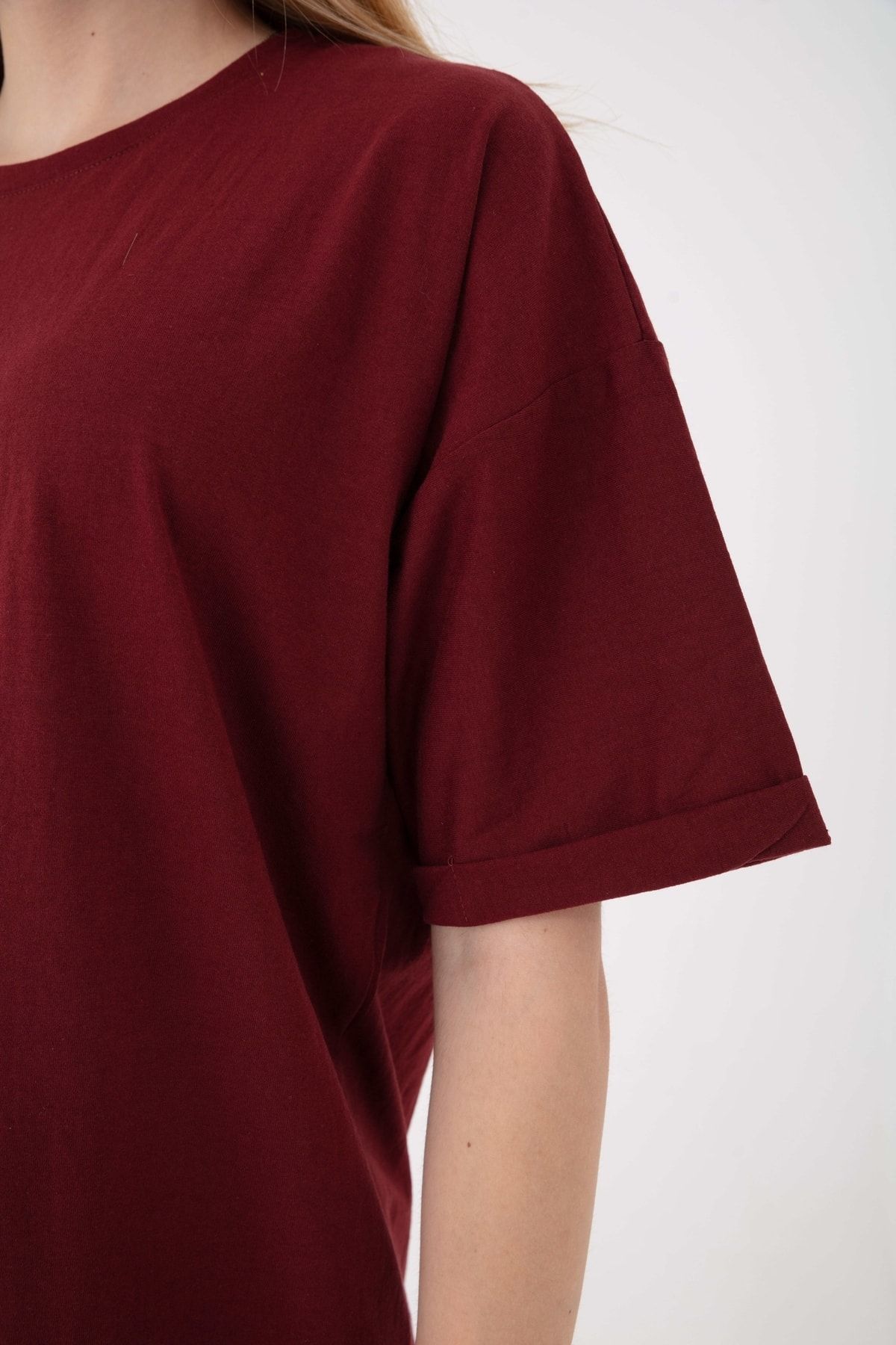 Mad&Calf Kadın Basic Baskısız Düz Oversize Salaş Bol Kesim Duble Kol T-shirt