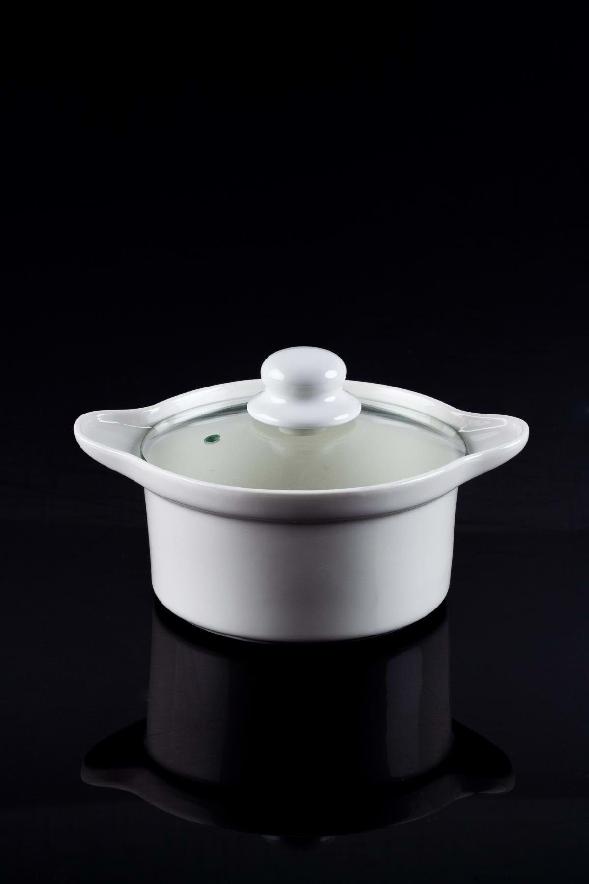 ACAR Bianco Perla Porselen Yuvarlak Cam Kapaklı Mini Sunum Tencere - 20 Cm