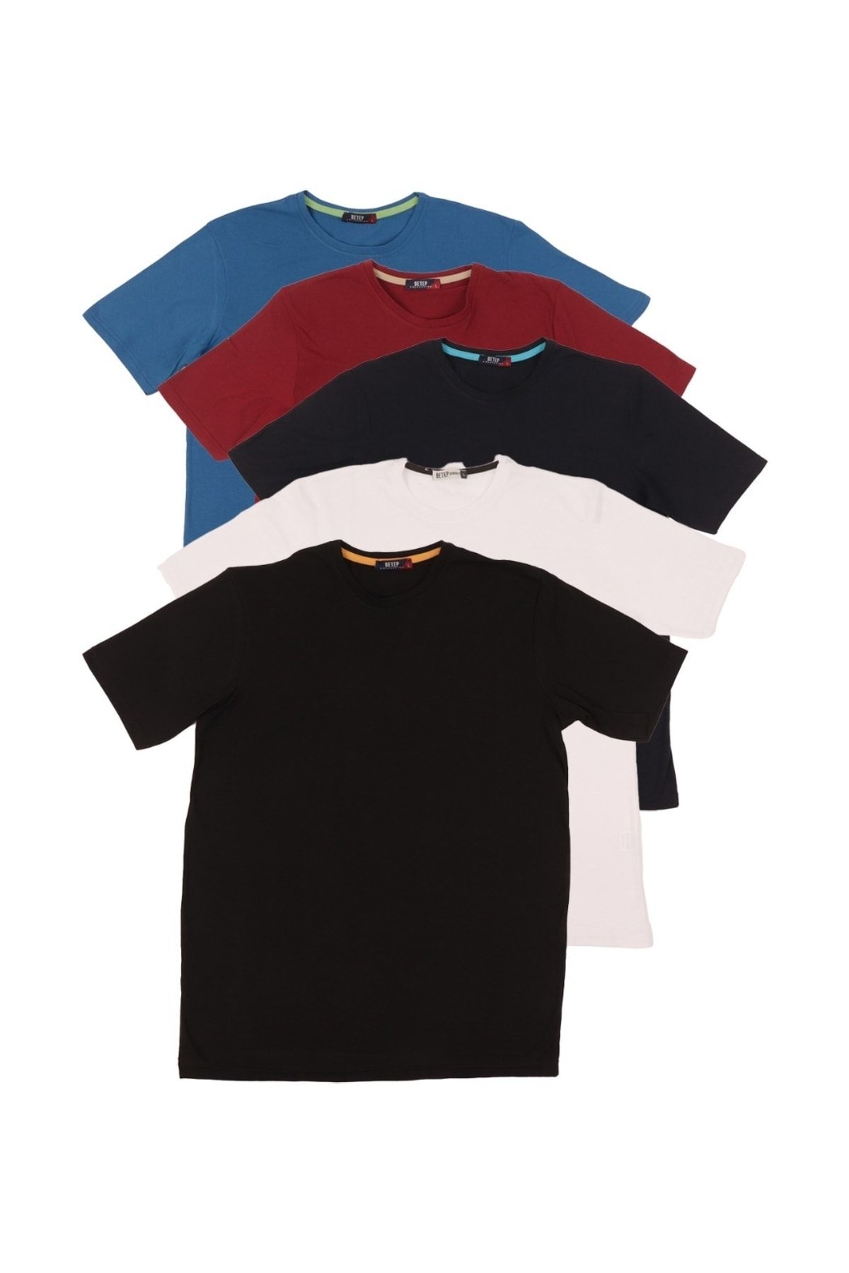 Genel Markalar Erkek 5'li Tişört Paketi Saks Bordo Lacivert Siyah Beyaz Comfort Bisiklet Yaka Kısa Kol T-shirt
