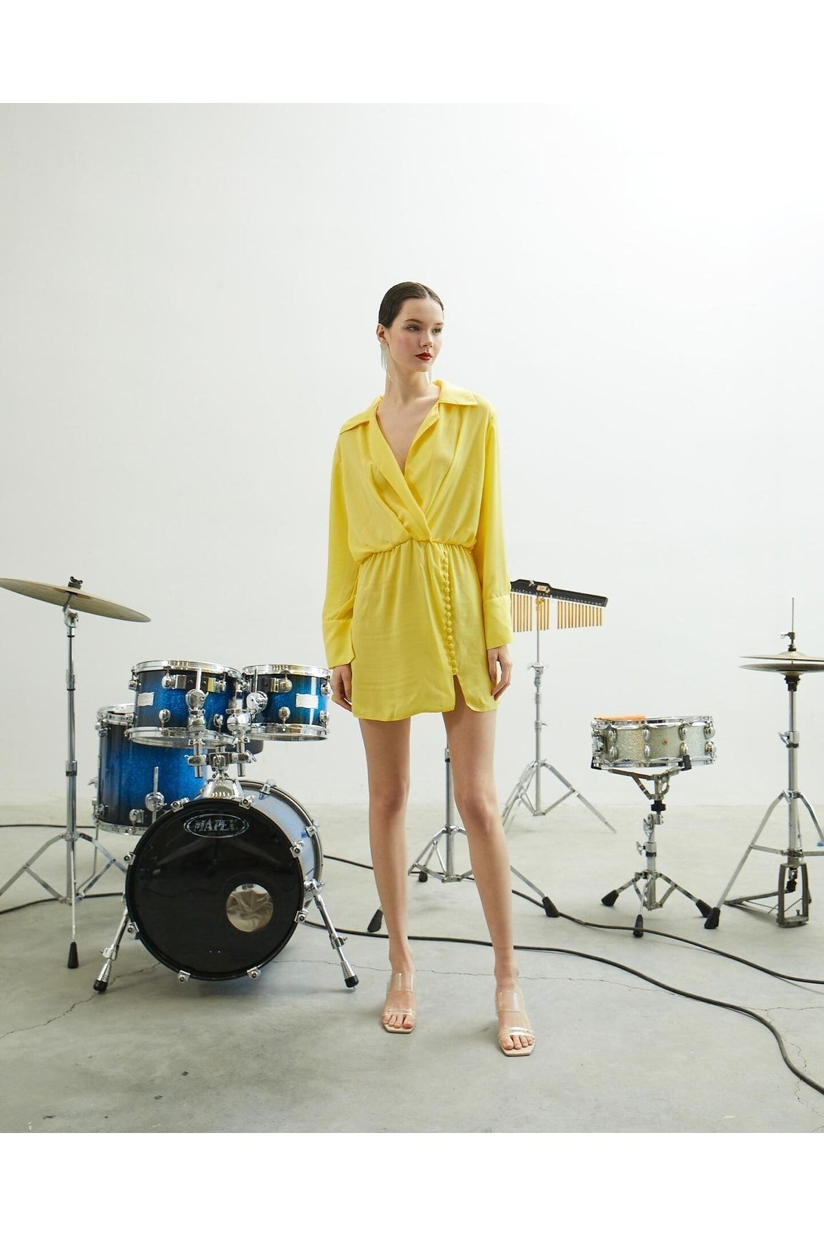 Juste Studio Düğme Detaylı Sarı Kruvaze Elbise
