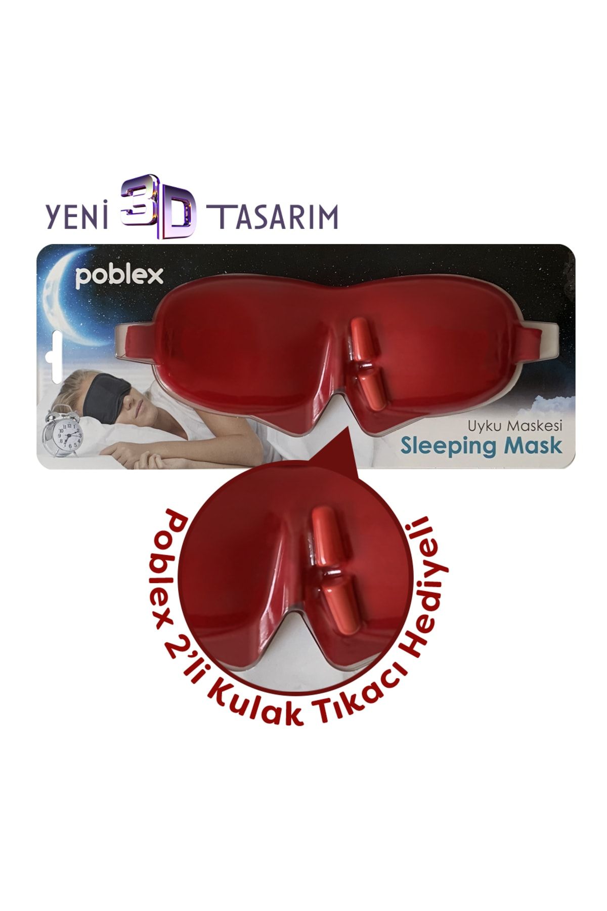 Poblex Uyku Maskesi Kulak Tıkacı Hediyeli Kırmızı