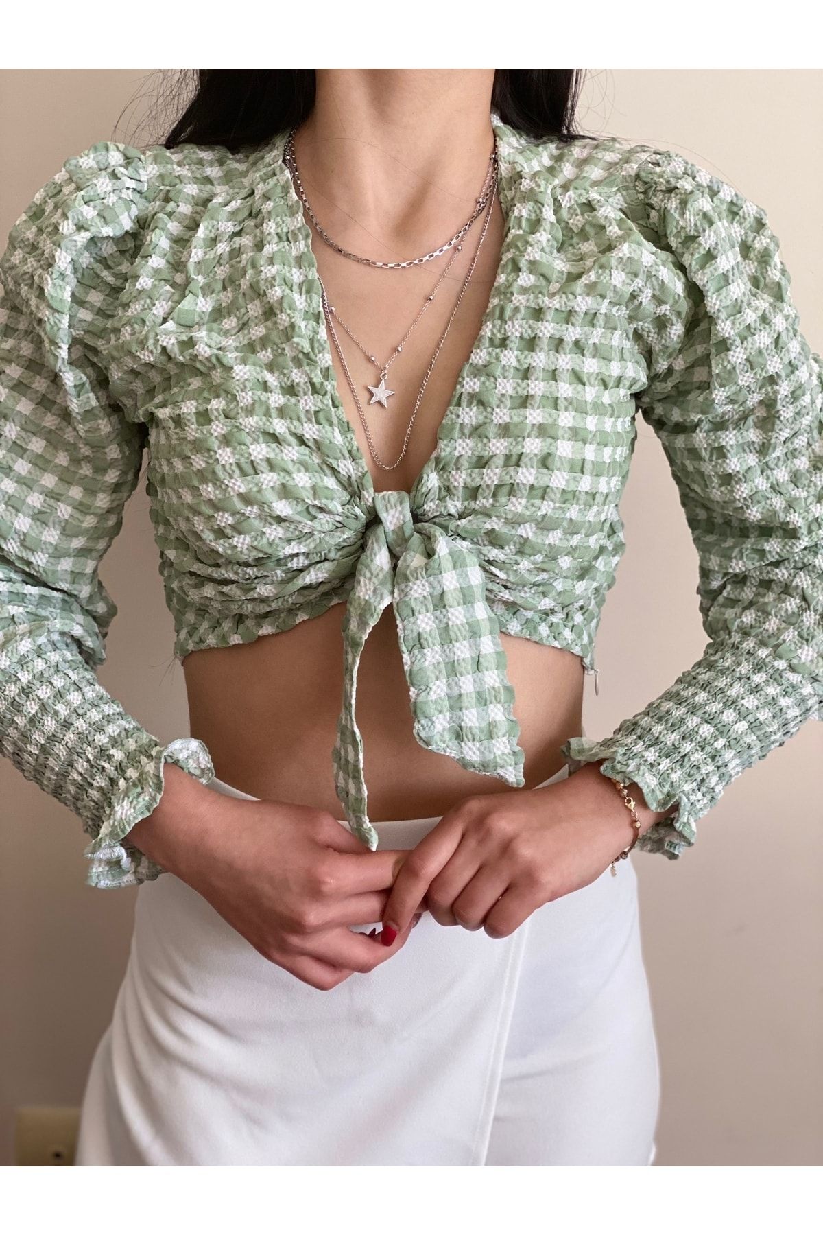 Pera Withu Kadın Mint Yeşili Ekose Bluz