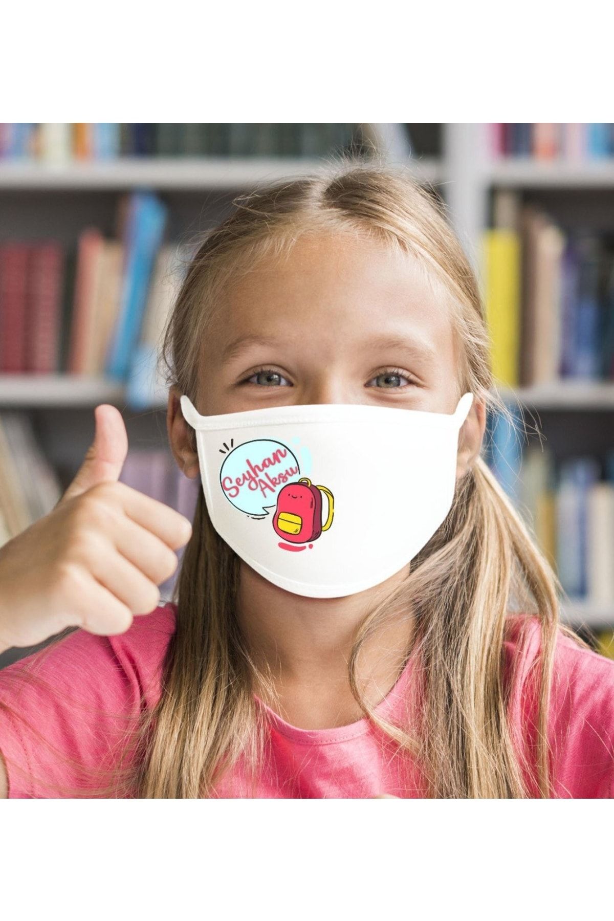 Bk Gift Çocuklara Özel Isimli Yıkanabilir Beyaz Okul Maskesi-10