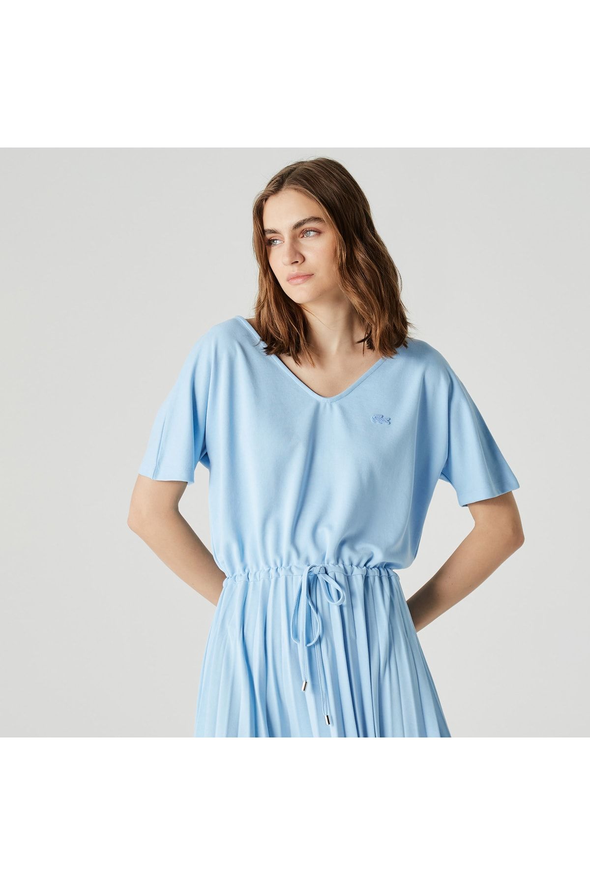 Lacoste Kadın Loose Fit Kısa Kollu V Yaka Mavi Elbise EF0217