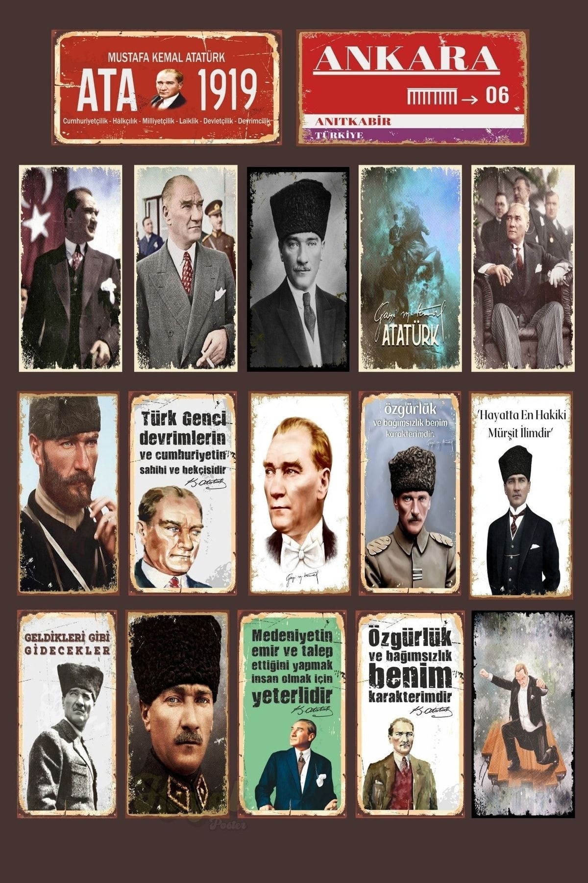 Hayal Poster Atatürk Görselli Mini Retro Ahşap Poster Seti 17'li