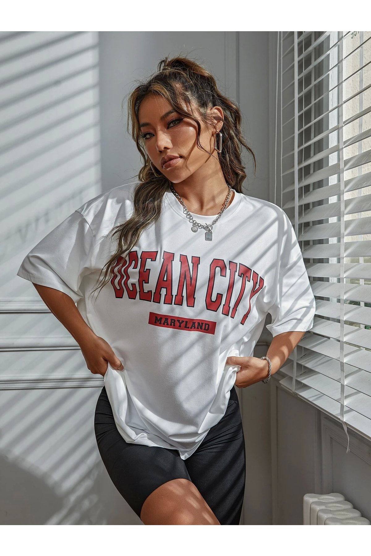 AFROGİYİM Kadın Ocean City Baskılı Oversize T-shirt