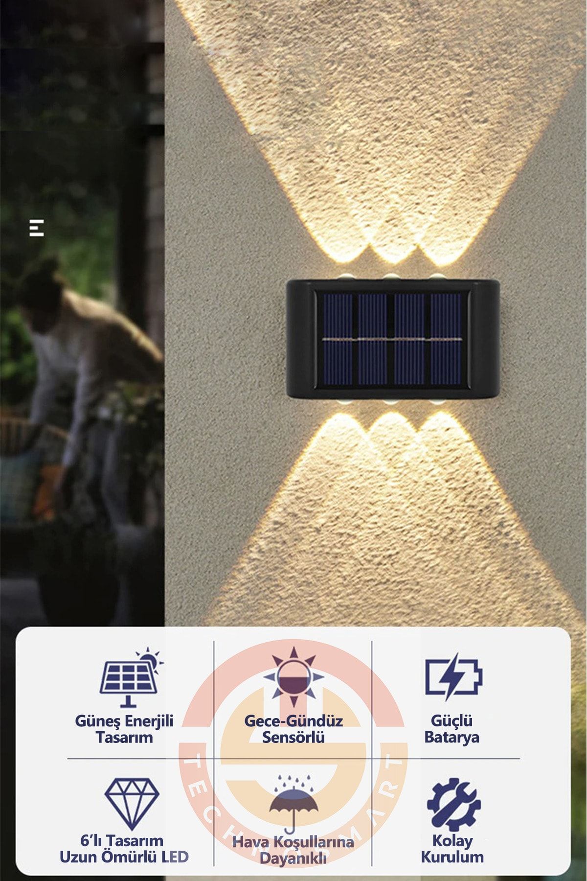 TechnoSmart 2adet Modern Solar 6ledli Çift Taraflı Aplik Güneş Enerjili Aydınlatma Duvar Lambası