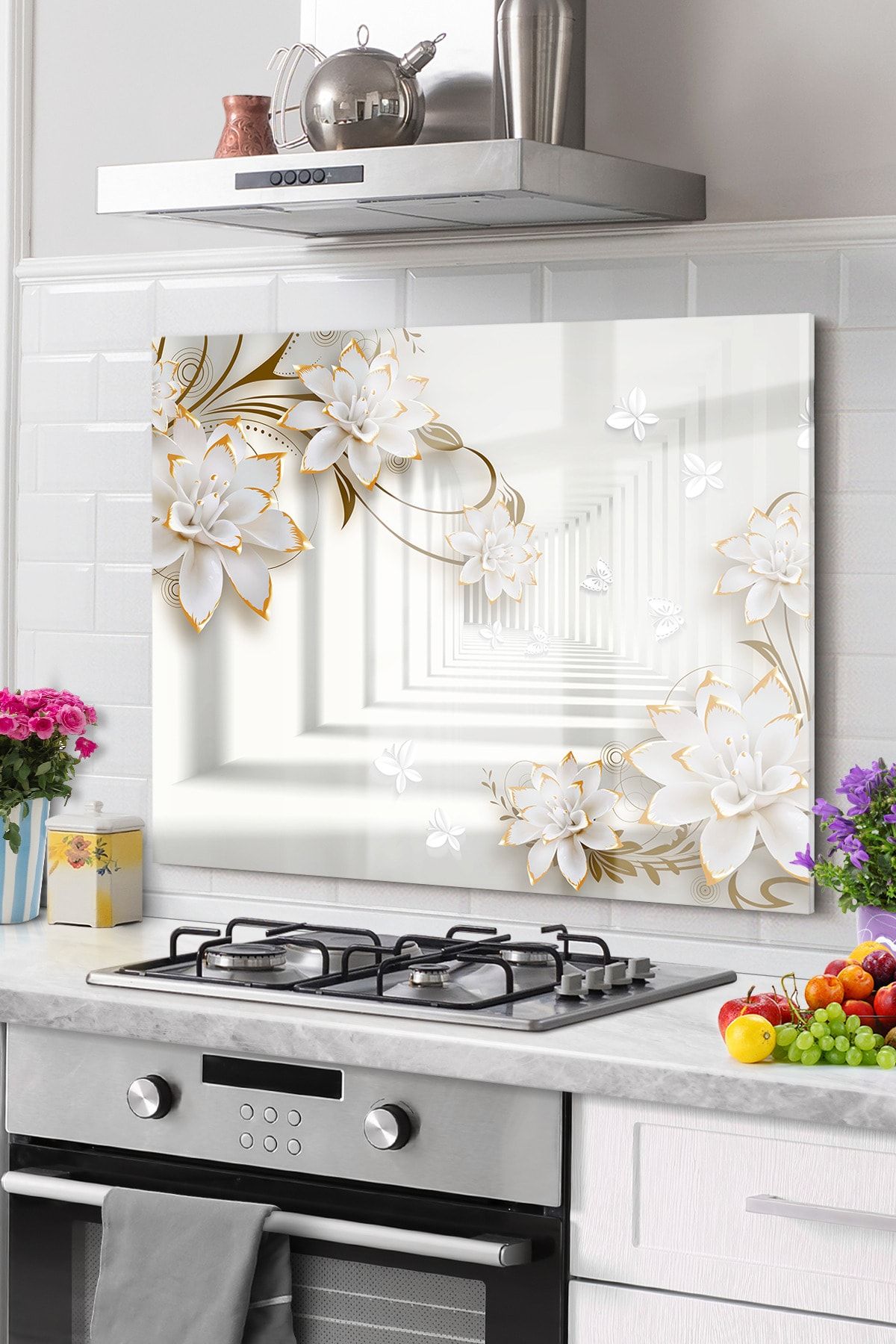 Olinpa Premium Mutfak Cam Ocak Arkası Koruyucu Tezgah Ankastre Arkası Koruyucu 50x50cm | Çiçek Beyaz