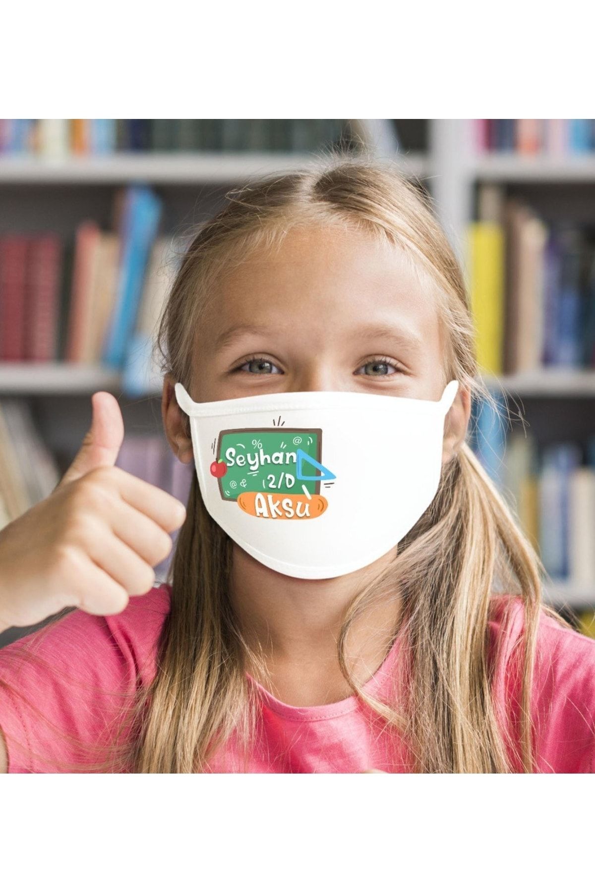 Bk Gift Çocuklara Özel Isimli Sınıflı Yıkanabilir Beyaz Okul Maskesi-7