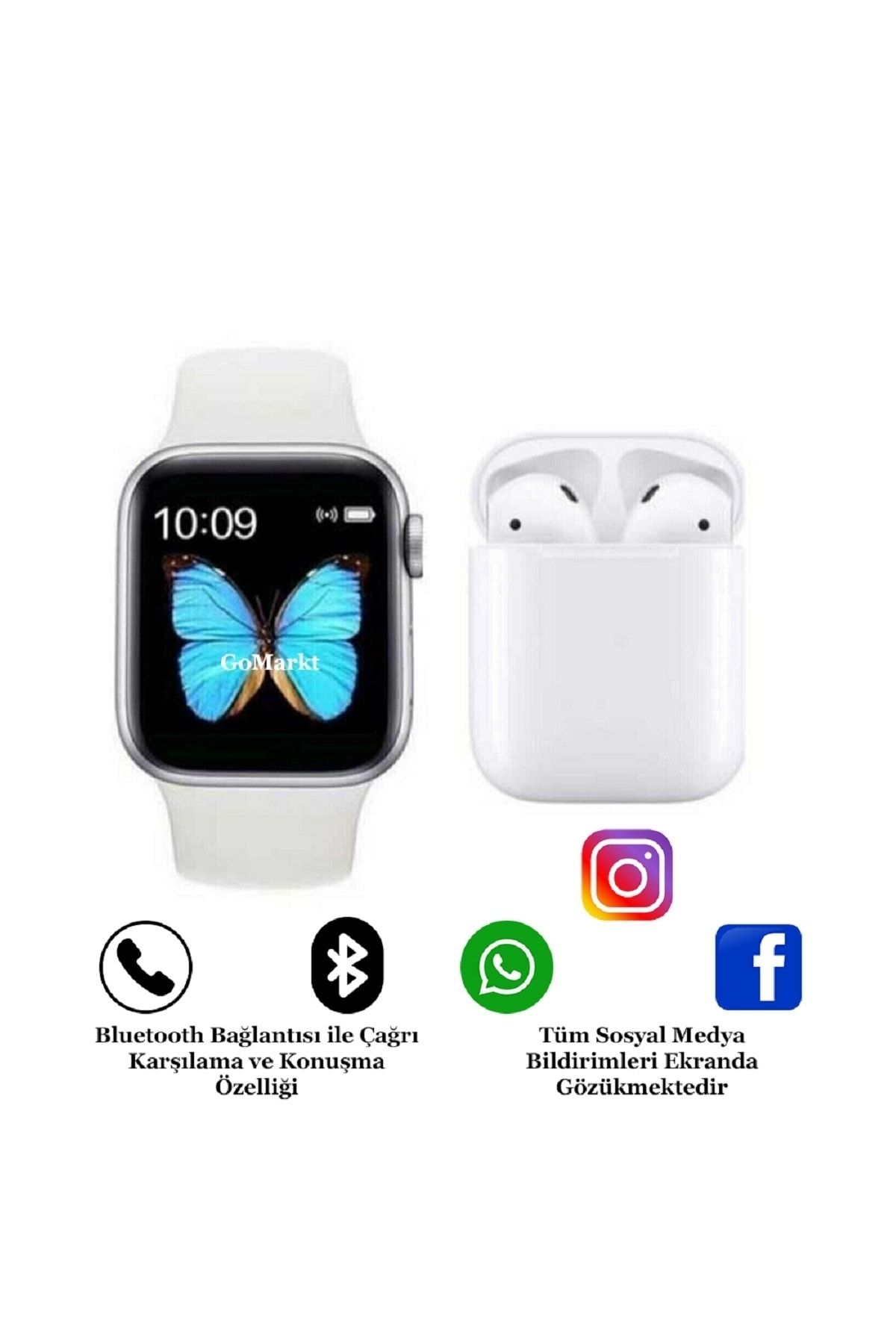 GoMarkt Smart Watch 6 Series Ve I12 Bluetooth Kulaklık Iphone 7/8 Uyumlu Beyaz Renk