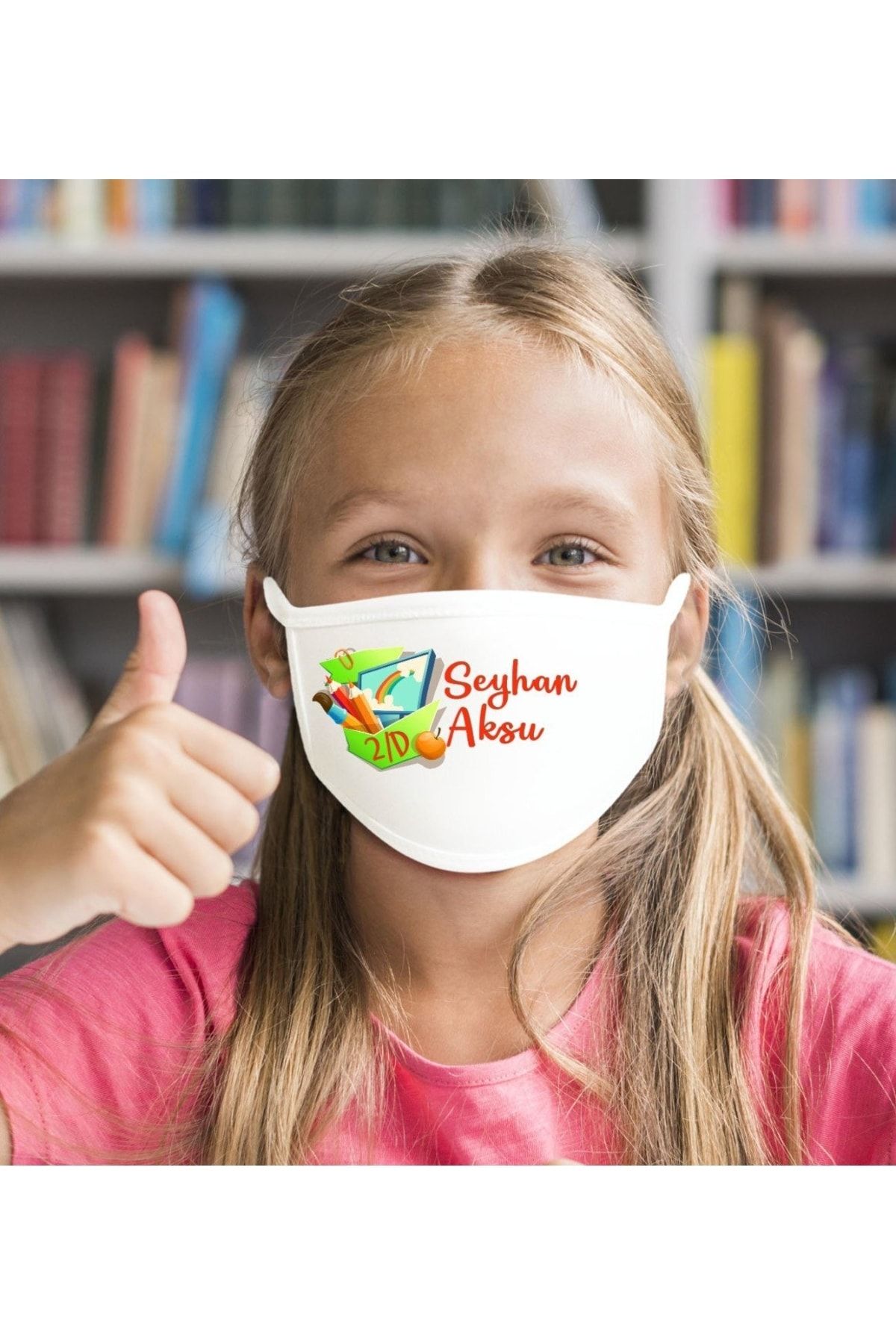 Bk Gift Çocuklara Özel Isimli Sınıflı Yıkanabilir Beyaz Okul Maskesi-2