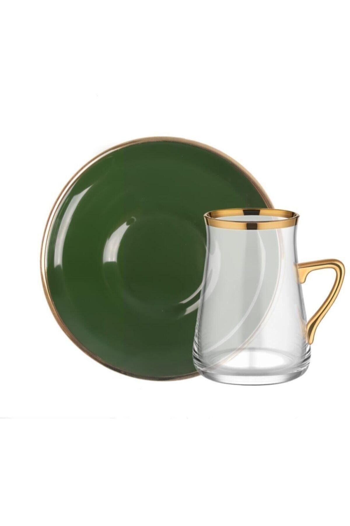 Glore Solıd Yeşil Altın Kulplu 6 Kişilik Çay Seti